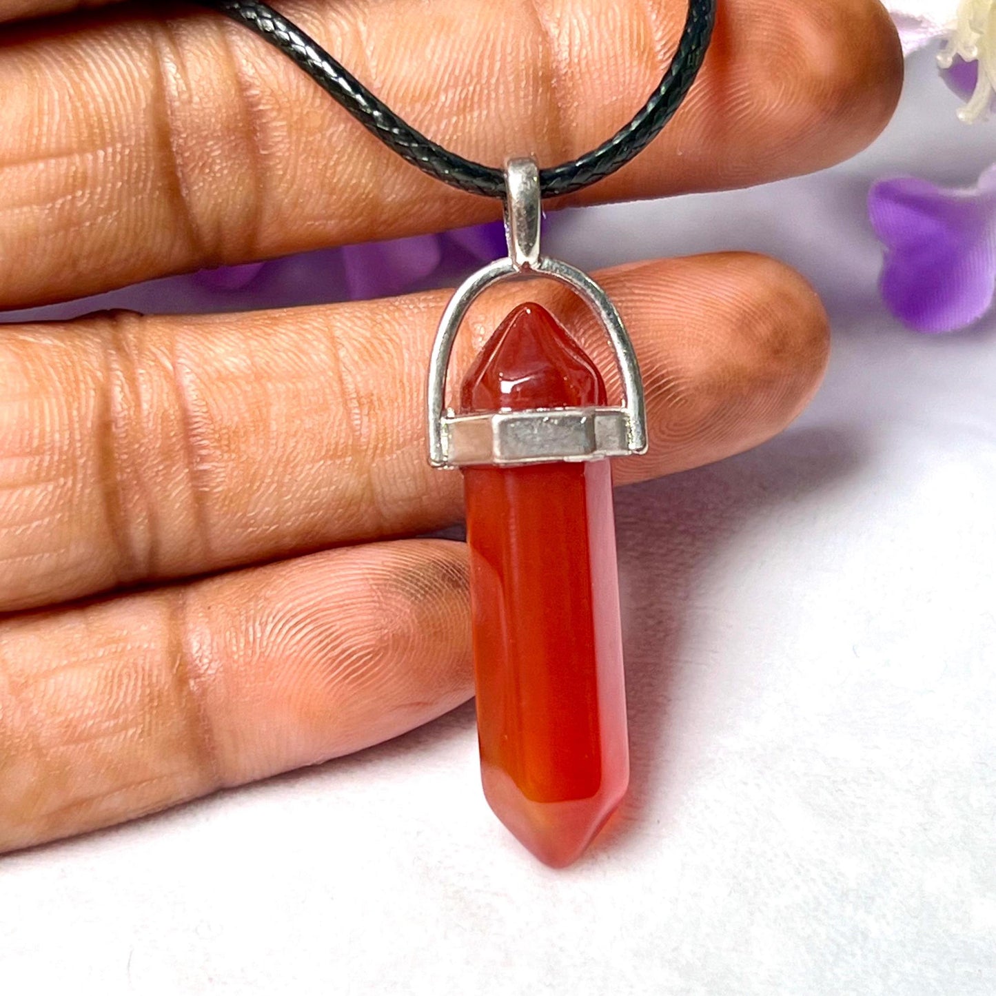 Carnelian Stone Double Point Pencil Pendant with Black Cord