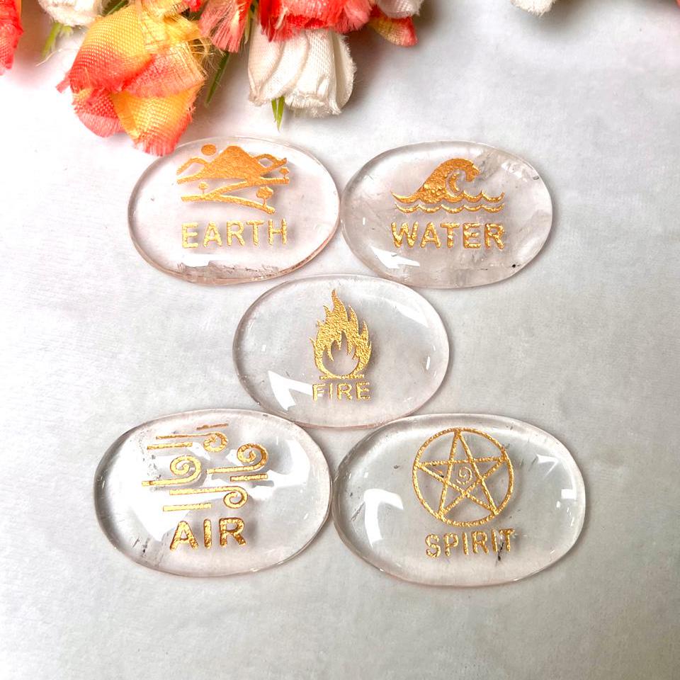 Five Elements Himalaya Crystal Quartz Stone Set Earth, Air,Fire,Water & Spirit Magic, Spells, Wiccan, Metaphysical