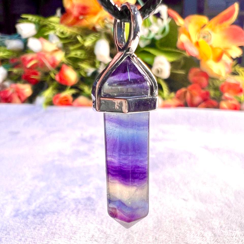 Rainbow Fluorite Stone Double Point Pencil Pendant with Black Cord