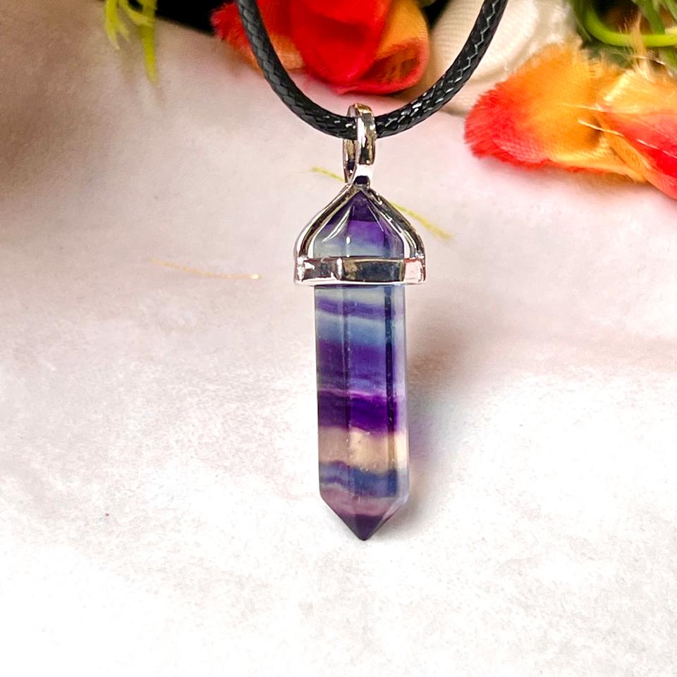 Rainbow Fluorite Stone Double Point Pencil Pendant with Black Cord