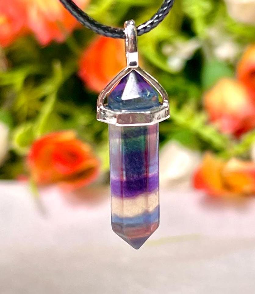 Rainbow Fluorite Stone Double Point Pencil Pendant with Black Cord