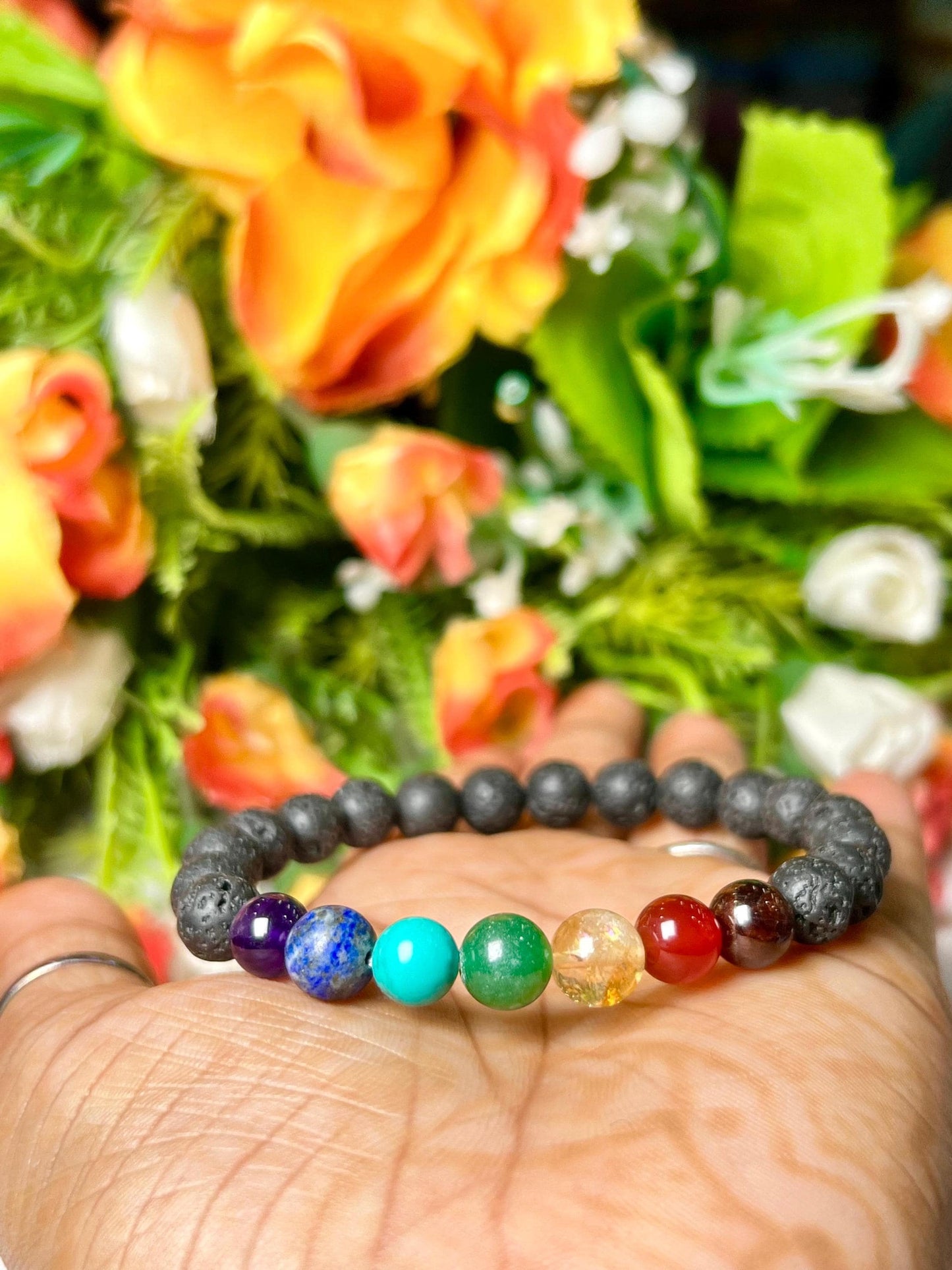 7 Chakra With Lava Stone Volcanic Stone Bracelet l Stretchable Bracelet l Unisex Bracelet l 8 MM Bracelet