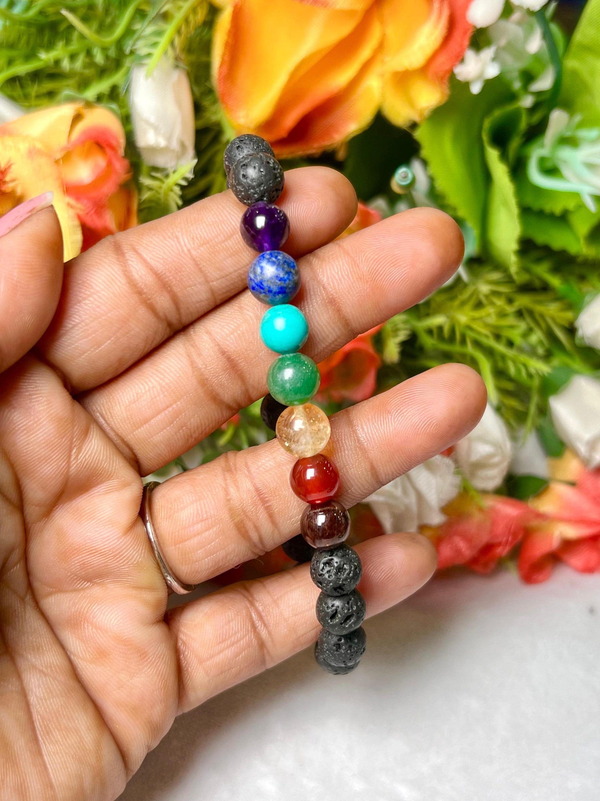 7 Chakra With Lava Stone Volcanic Stone Bracelet l Stretchable Bracelet l Unisex Bracelet l 8 MM Bracelet