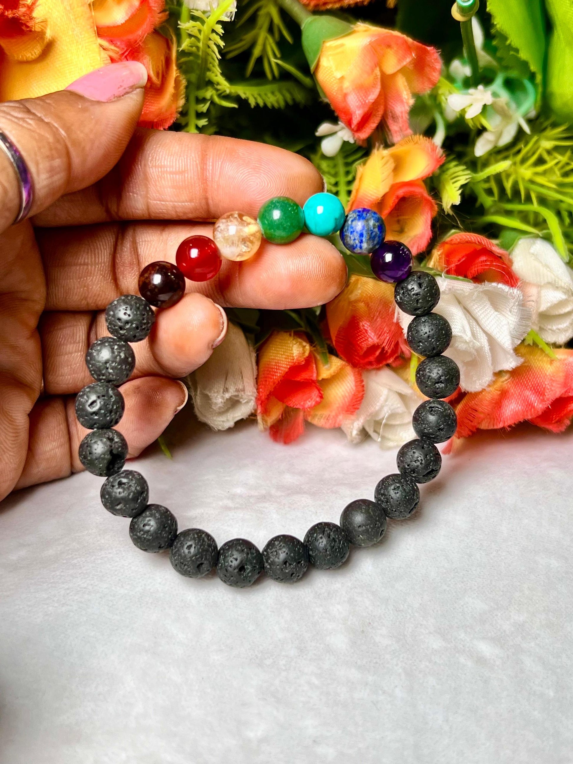 7 Chakra With Lava Stone Volcanic Stone Bracelet l Stretchable Bracelet l Unisex Bracelet l 8 MM Bracelet