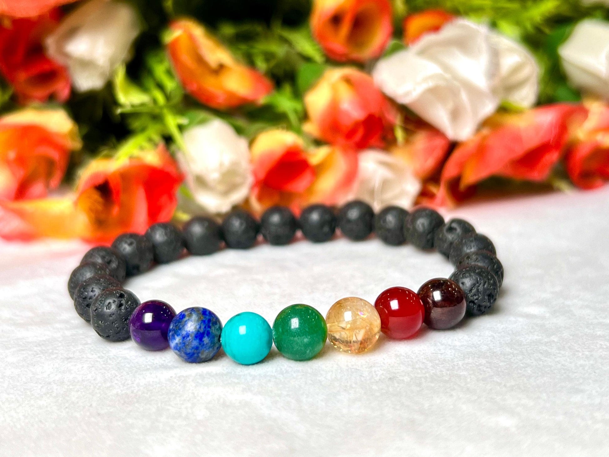 7 Chakra With Lava Stone Volcanic Stone Bracelet l Stretchable Bracelet l Unisex Bracelet l 8 MM Bracelet