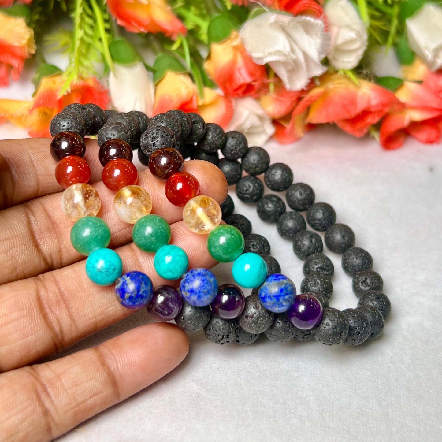 7 Chakra With Lava Stone Volcanic Stone Bracelet l Stretchable Bracelet l Unisex Bracelet l 8 MM Bracelet