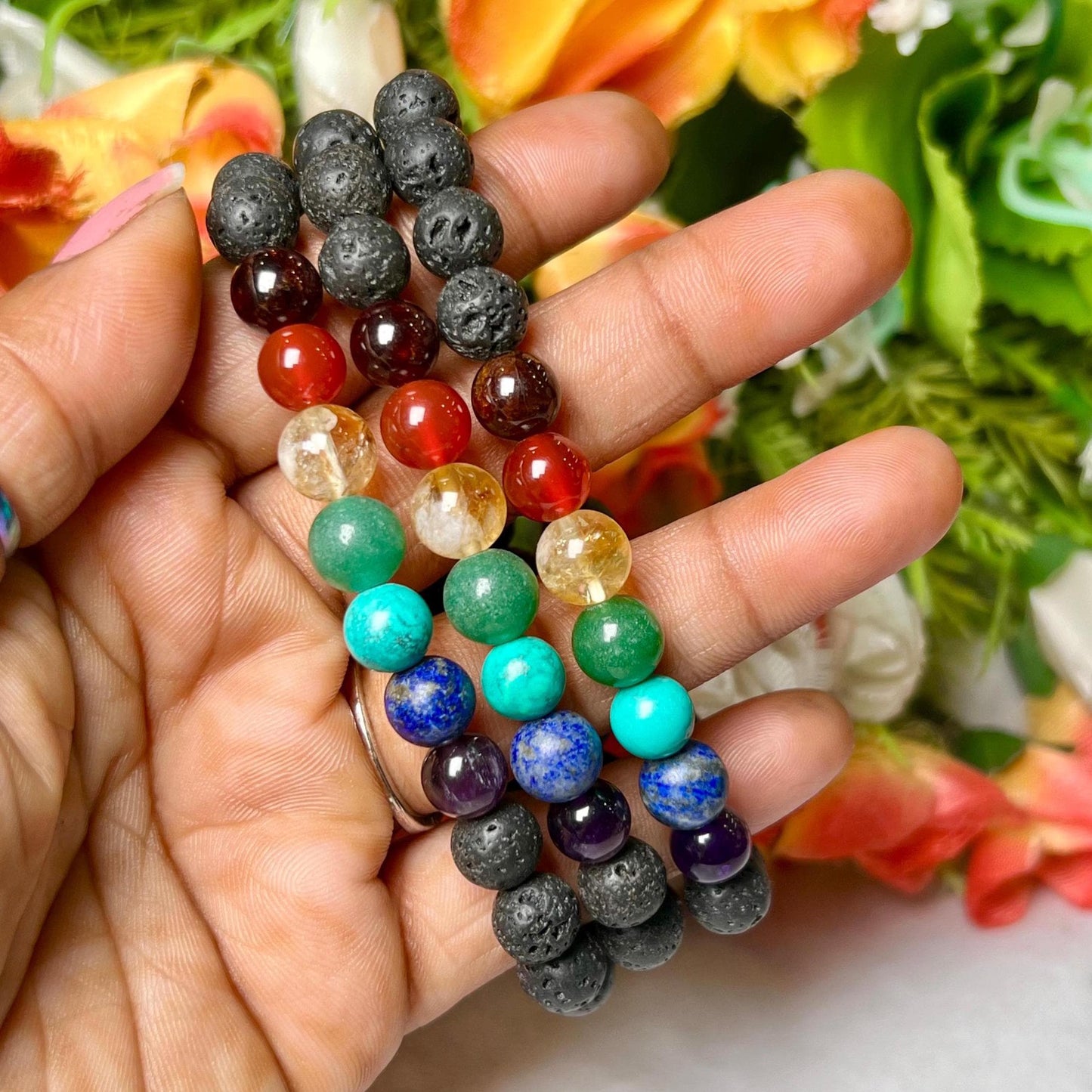 7 Chakra With Lava Stone Volcanic Stone Bracelet l Stretchable Bracelet l Unisex Bracelet l 8 MM Bracelet