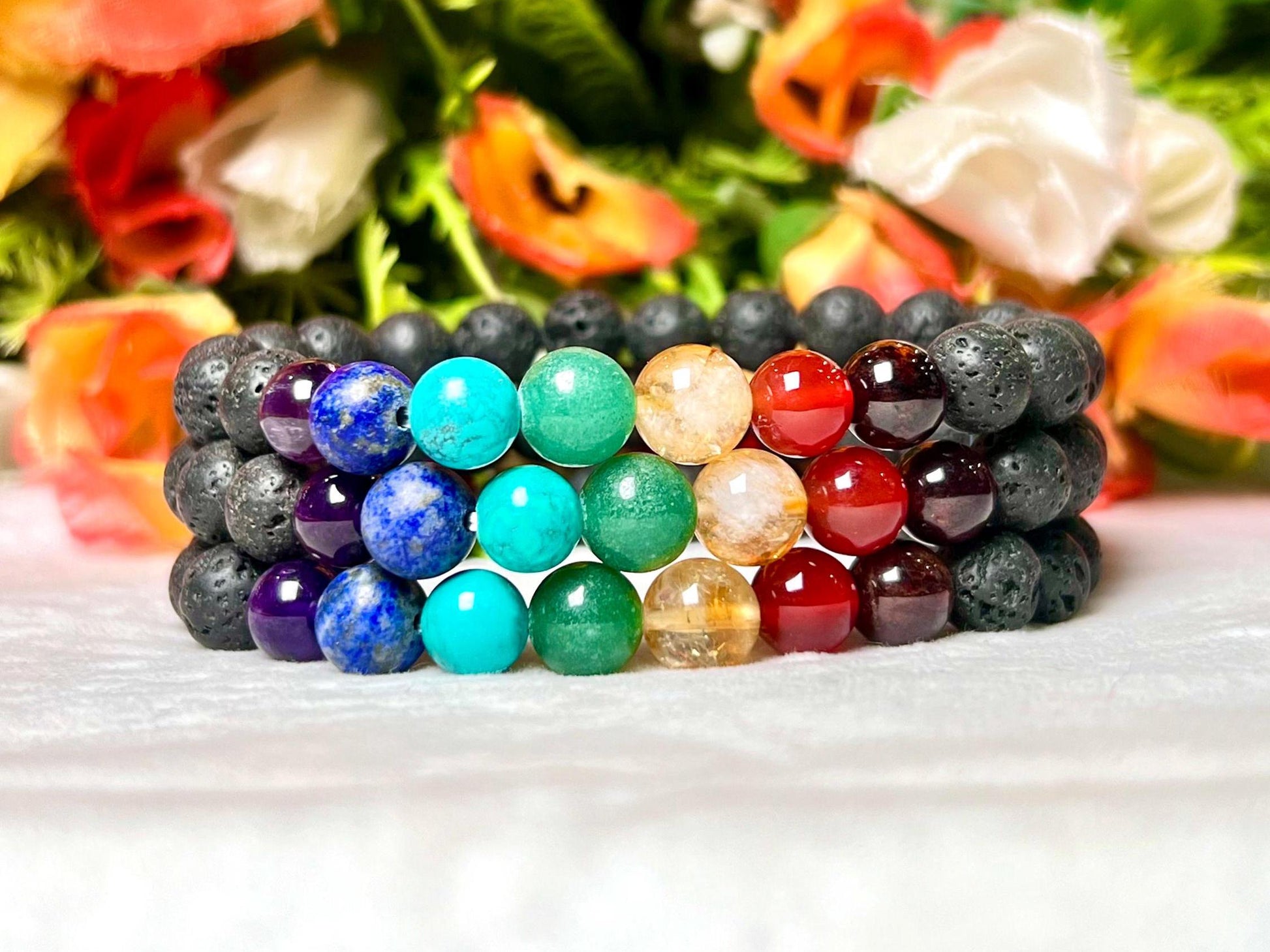 7 Chakra With Lava Stone Volcanic Stone Bracelet l Stretchable Bracelet l Unisex Bracelet l 8 MM Bracelet