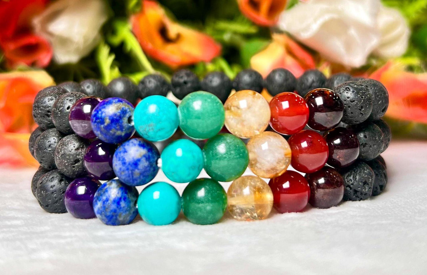 7 Chakra With Lava Stone Volcanic Stone Bracelet l Stretchable Bracelet l Unisex Bracelet l 8 MM Bracelet