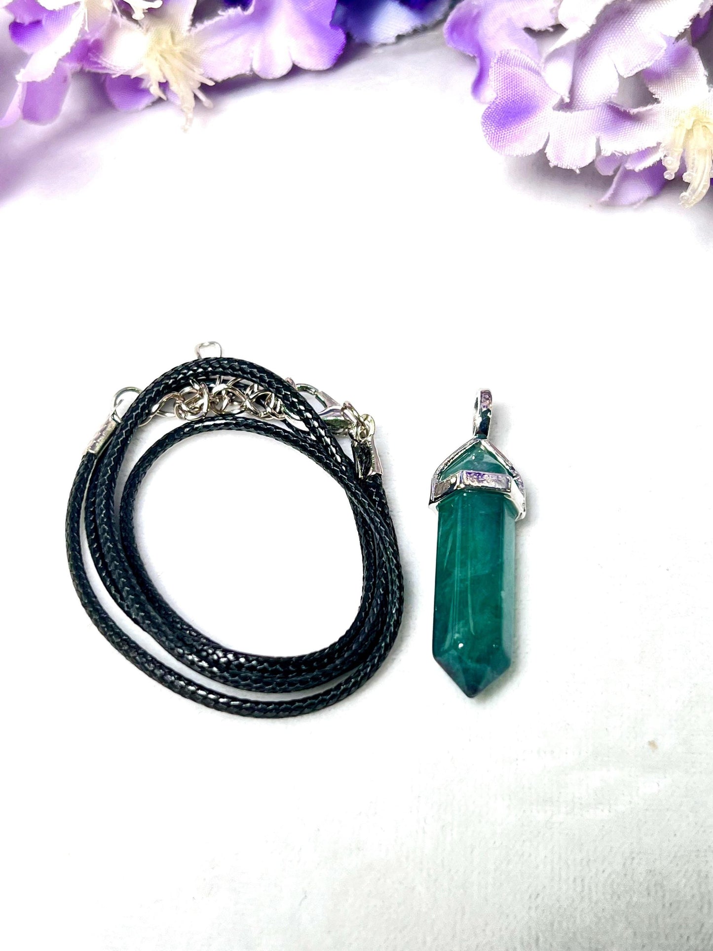 Green Fluorite Stone Double Point Pencil Pendant with Black Cord