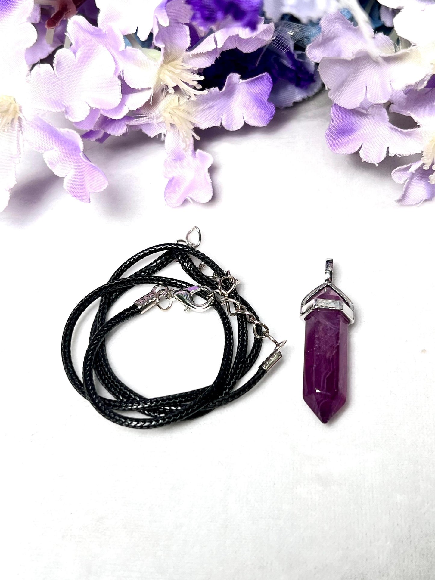 Grape Purple Fluorite Stone Double Point Pencil Pendant with Black Cord