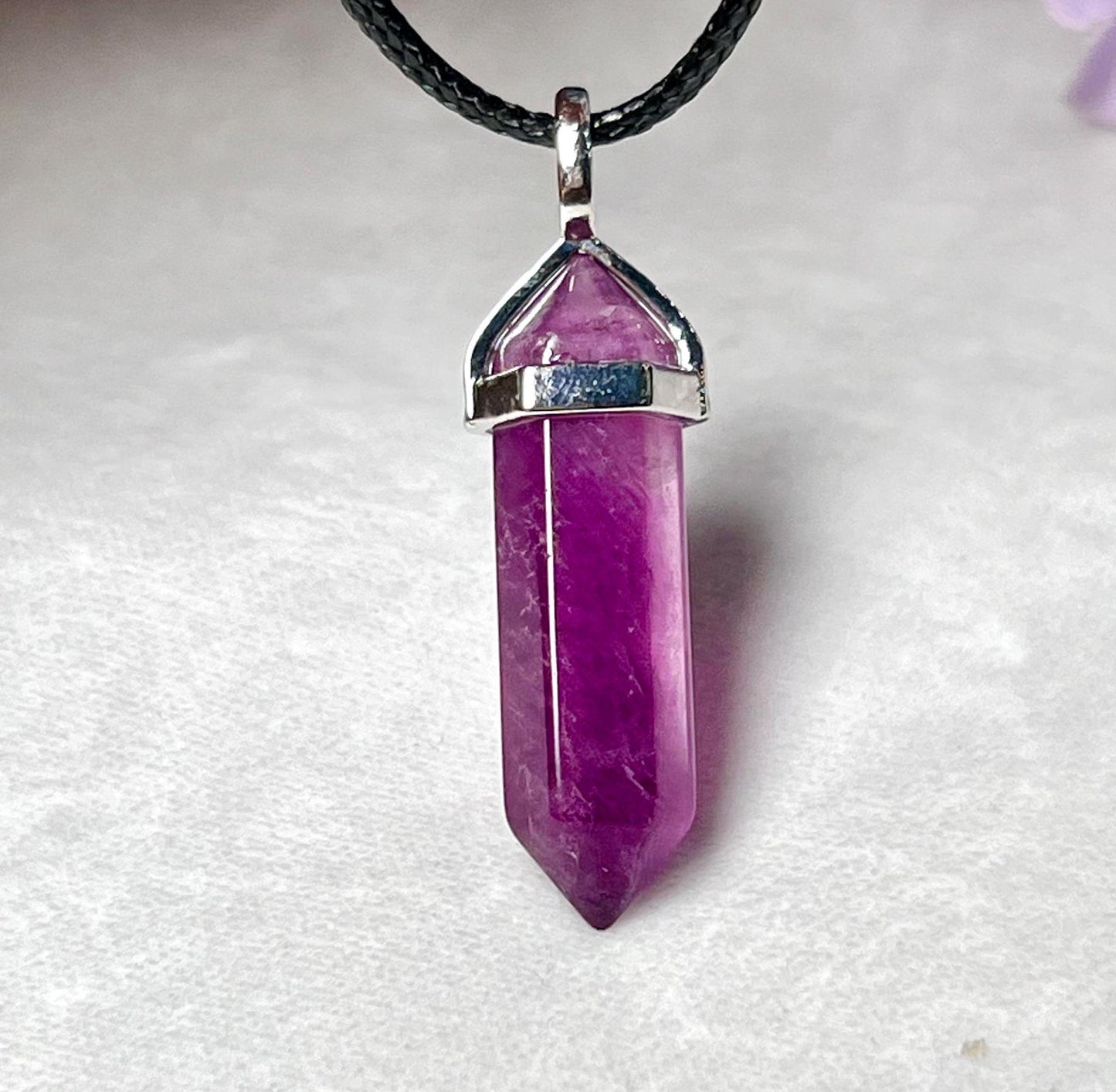 Grape Purple Fluorite Stone Double Point Pencil Pendant with Black Cord