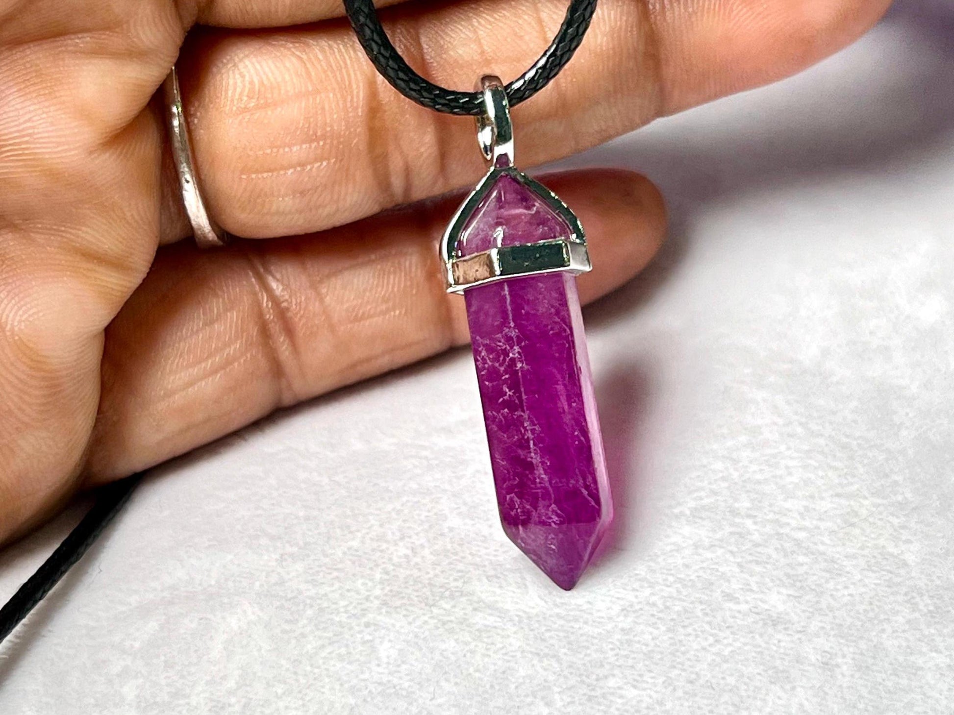 Grape Purple Fluorite Stone Double Point Pencil Pendant with Black Cord