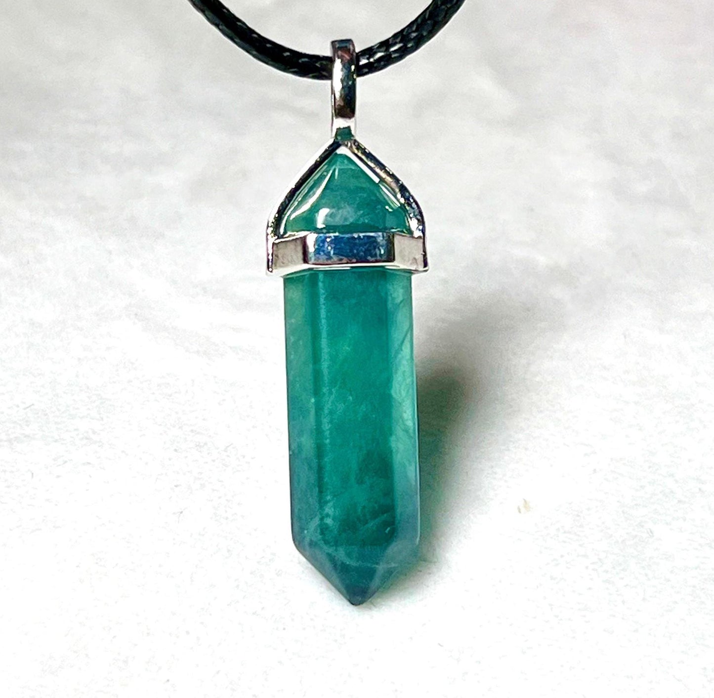 Green Fluorite Stone Double Point Pencil Pendant with Black Cord