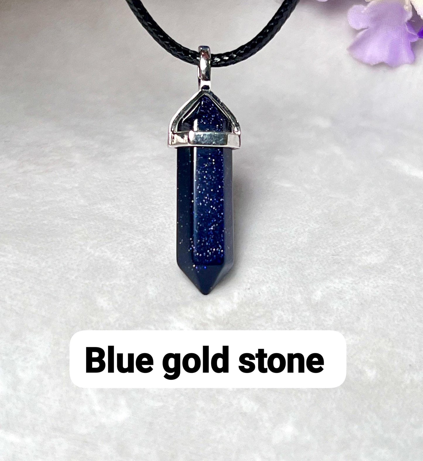 Blue Gold Stone / Blue Sunsitara Stone Double Point Pencil Pendant with Black Cord