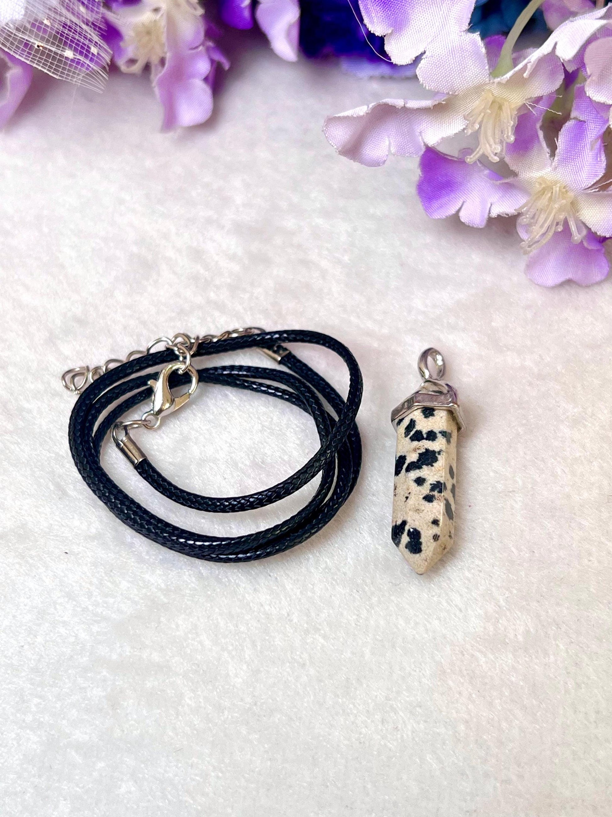 Dalmatian Jasper Stone Double Point Pencil Pendant with Black Cord