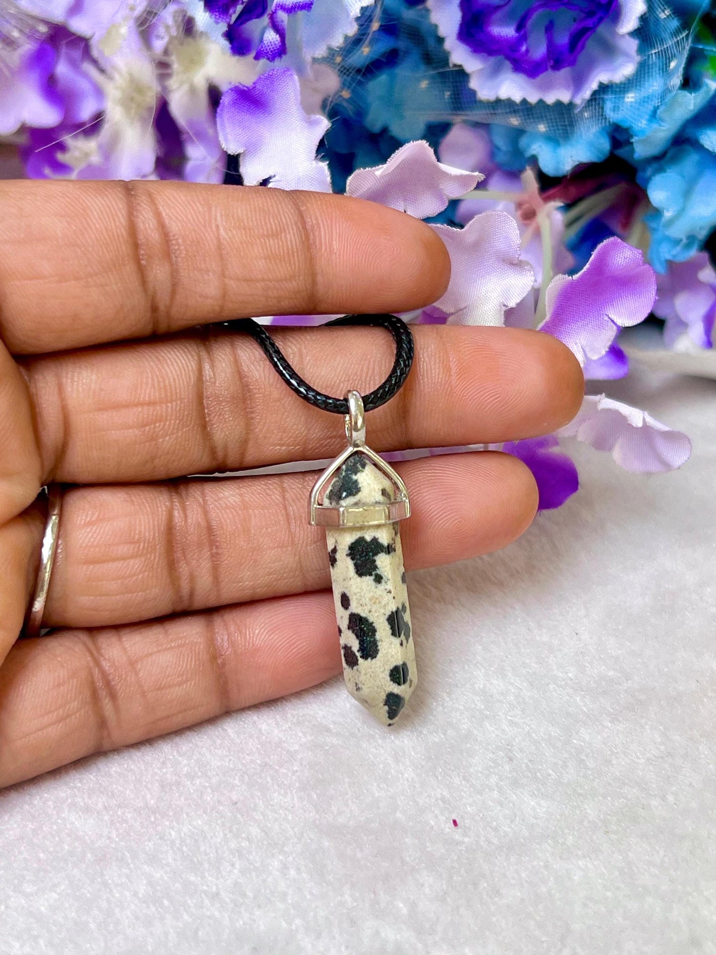 Dalmatian Jasper Stone Double Point Pencil Pendant with Black Cord