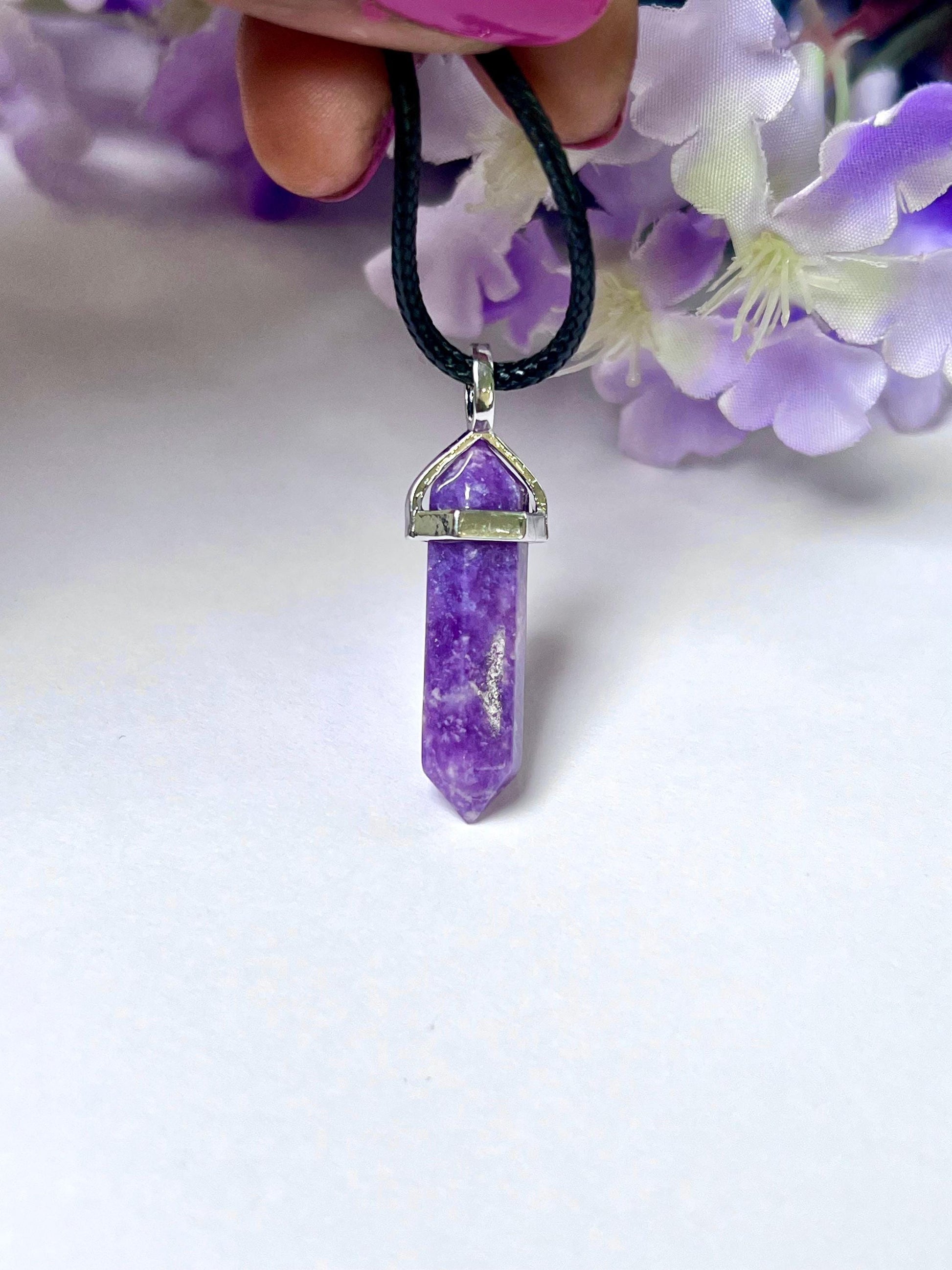 Lepidolite Stone Double Point Pencil Pendant with Black Cord