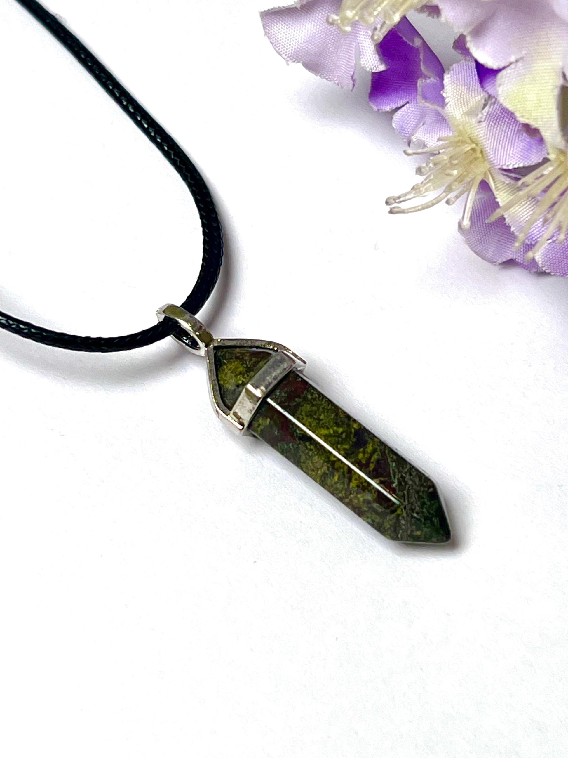 Dragon Blood Stone Double Point Pencil Pendant with Black Cord