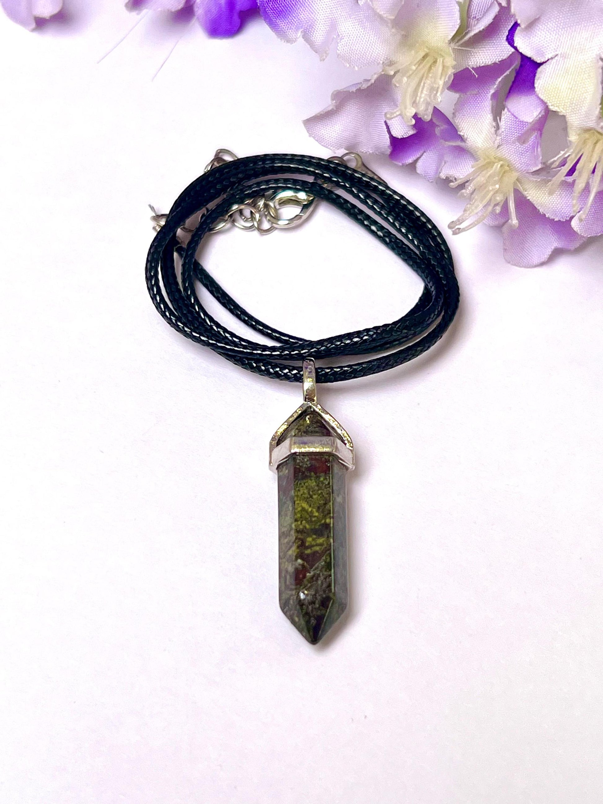 Dragon Blood Stone Double Point Pencil Pendant with Black Cord