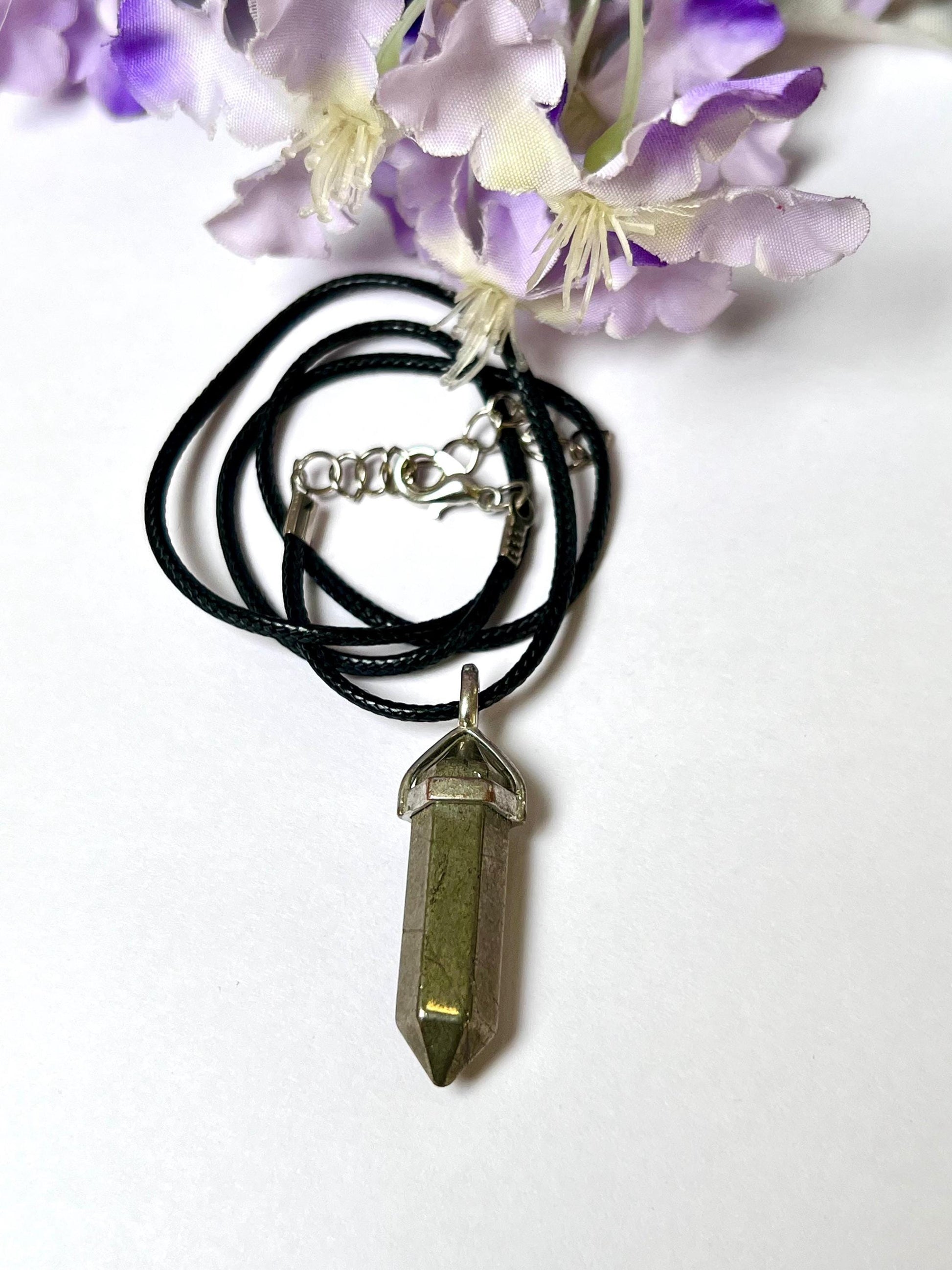 Pyrite Stone Double Point Pencil Pendant with Black Cord