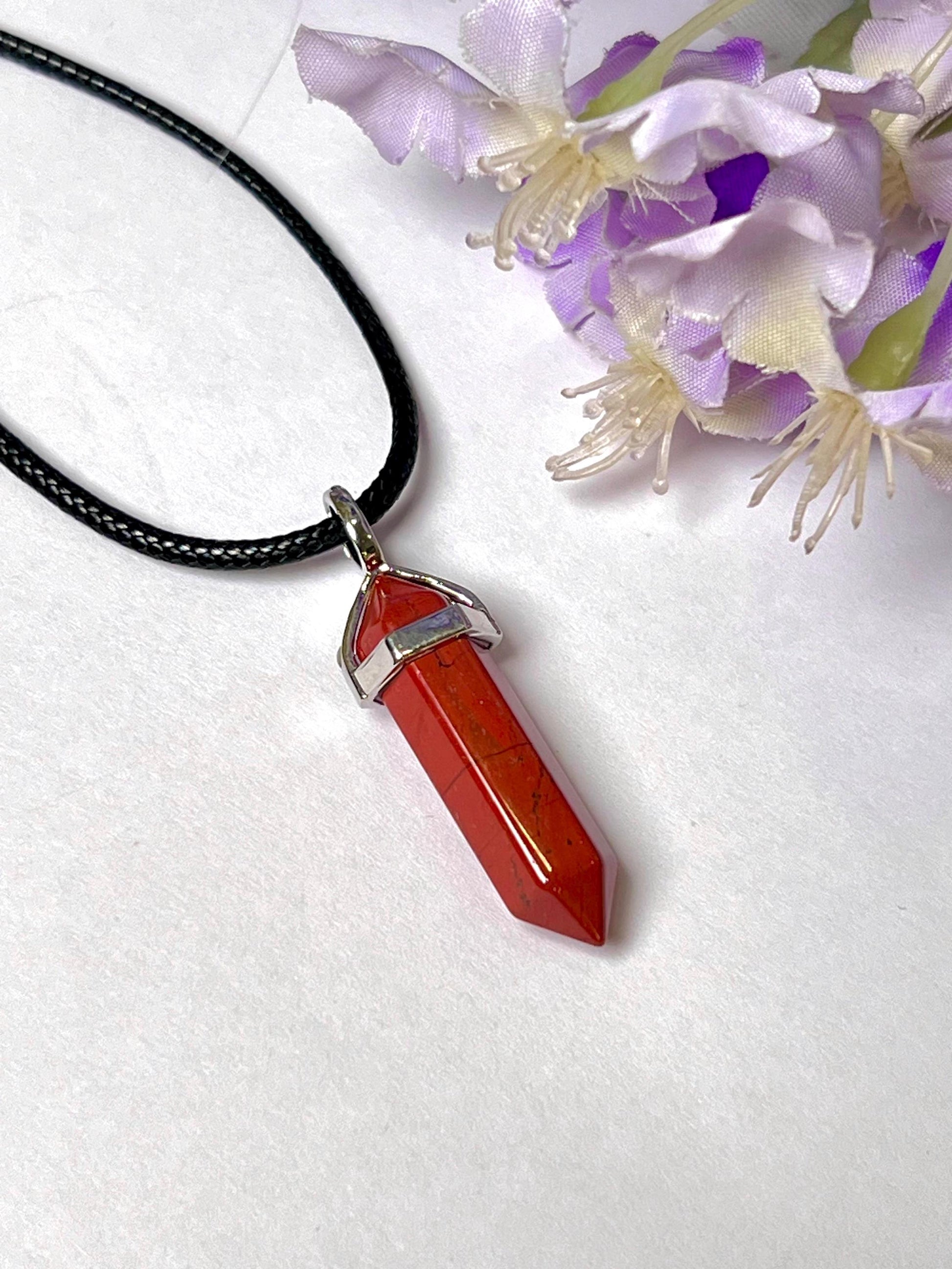 Red Jasper Stone Double Point Pencil Pendant with Black Cord