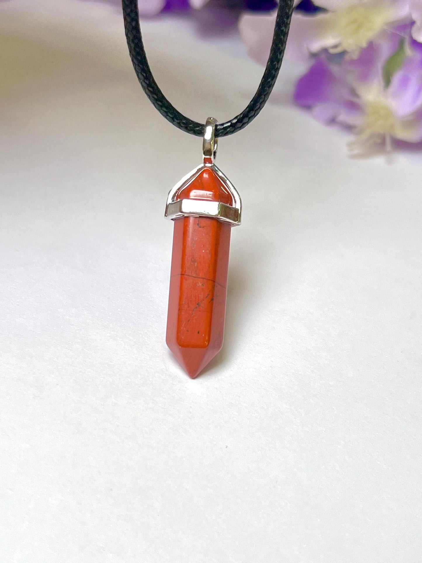 Red Jasper Stone Double Point Pencil Pendant with Black Cord