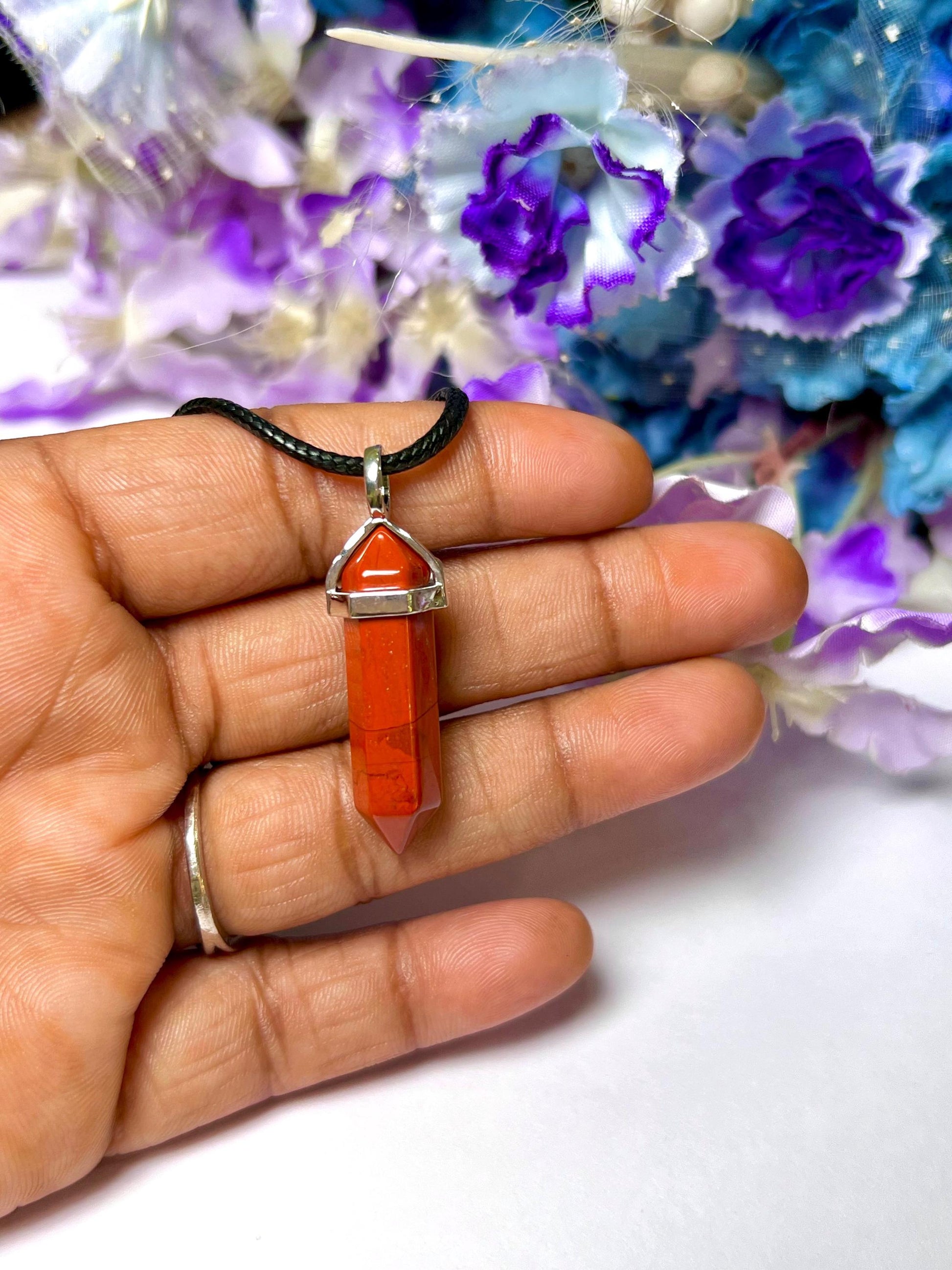 Red Jasper Stone Double Point Pencil Pendant with Black Cord