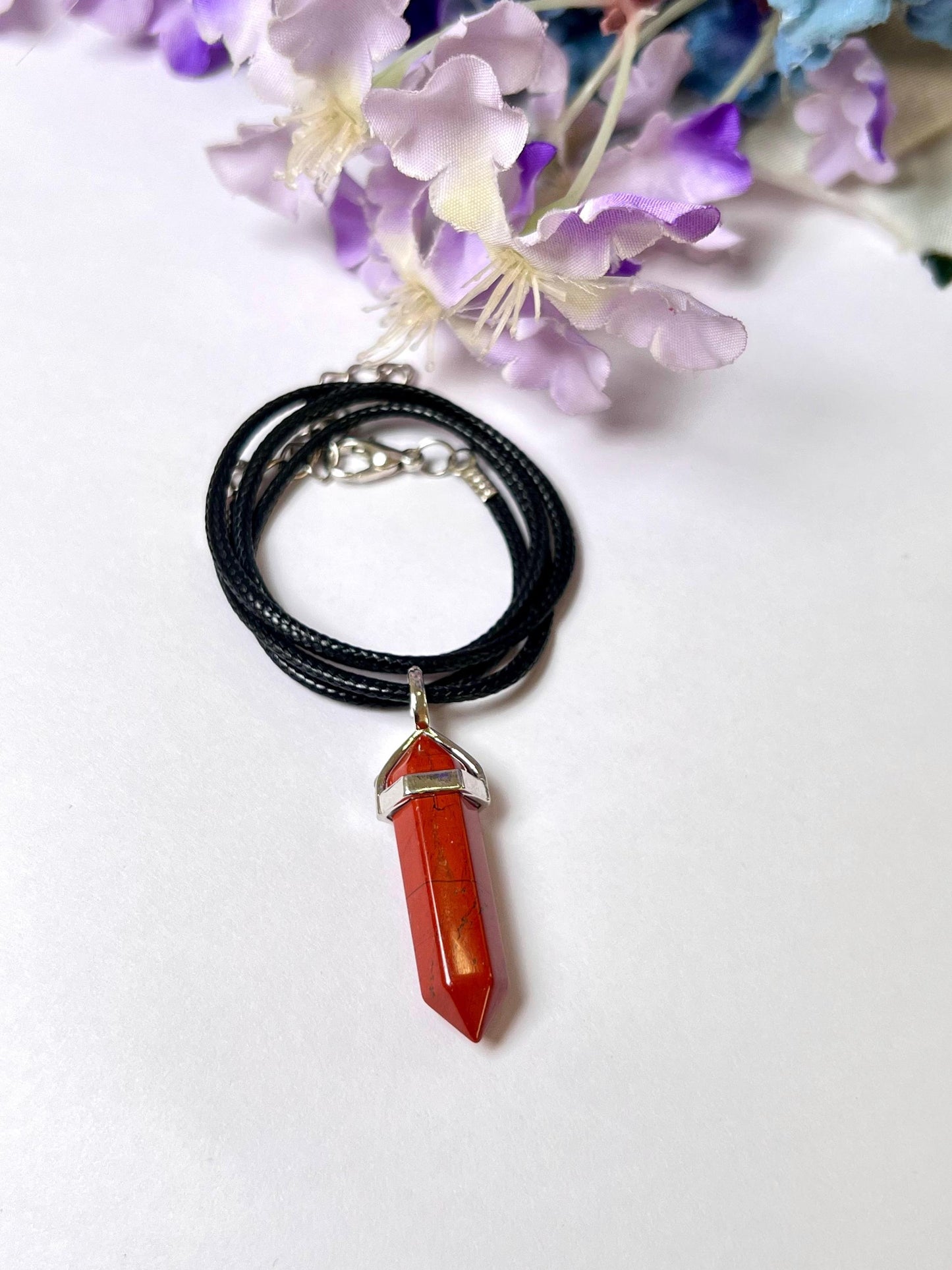 Red Jasper Stone Double Point Pencil Pendant with Black Cord