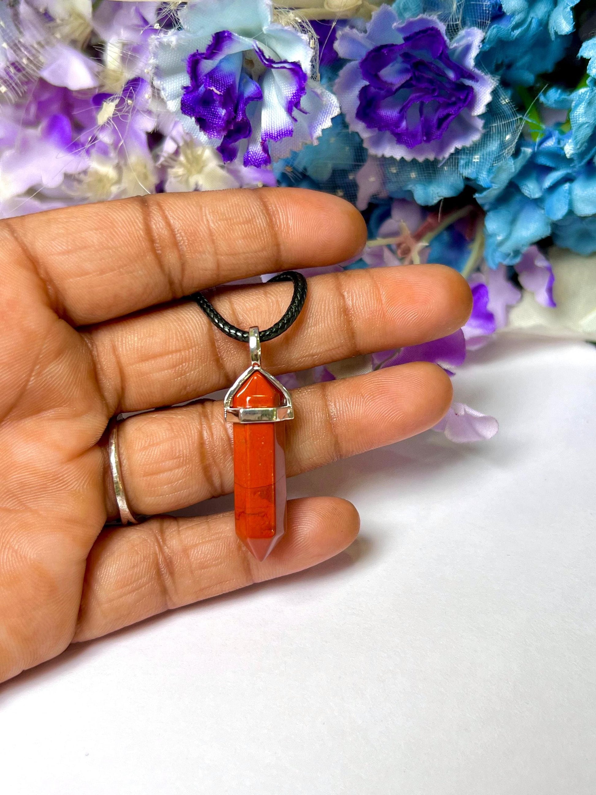 Red Jasper Stone Double Point Pencil Pendant with Black Cord