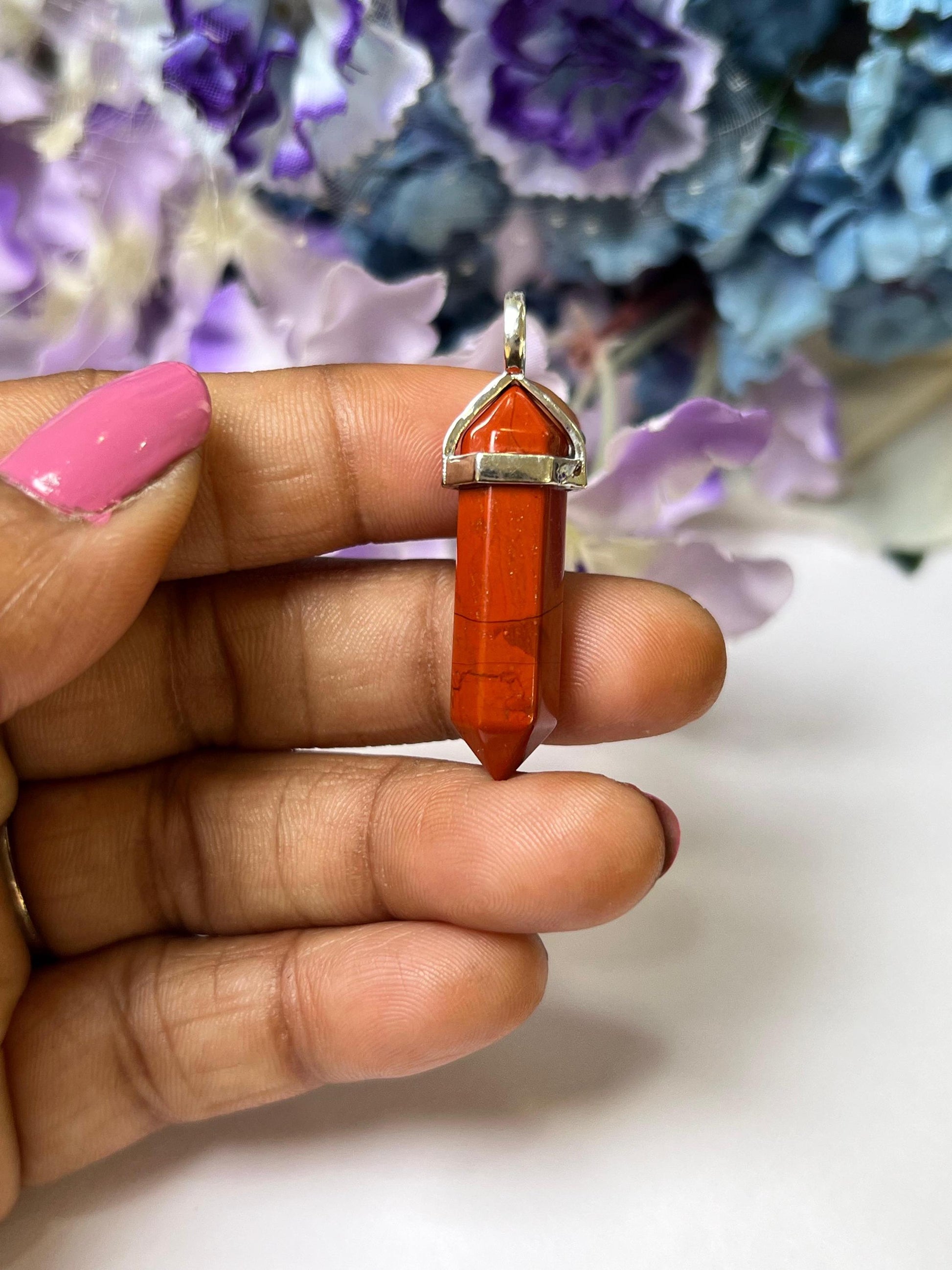 Red Jasper Stone Double Point Pencil Pendant with Black Cord