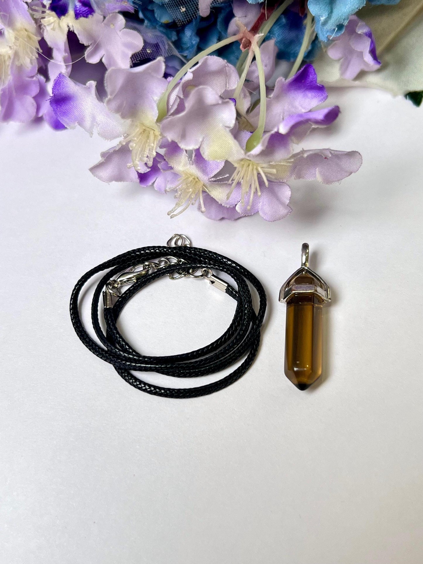 Smoky Quartz Stone Double Point Pencil Pendant with Black Cord