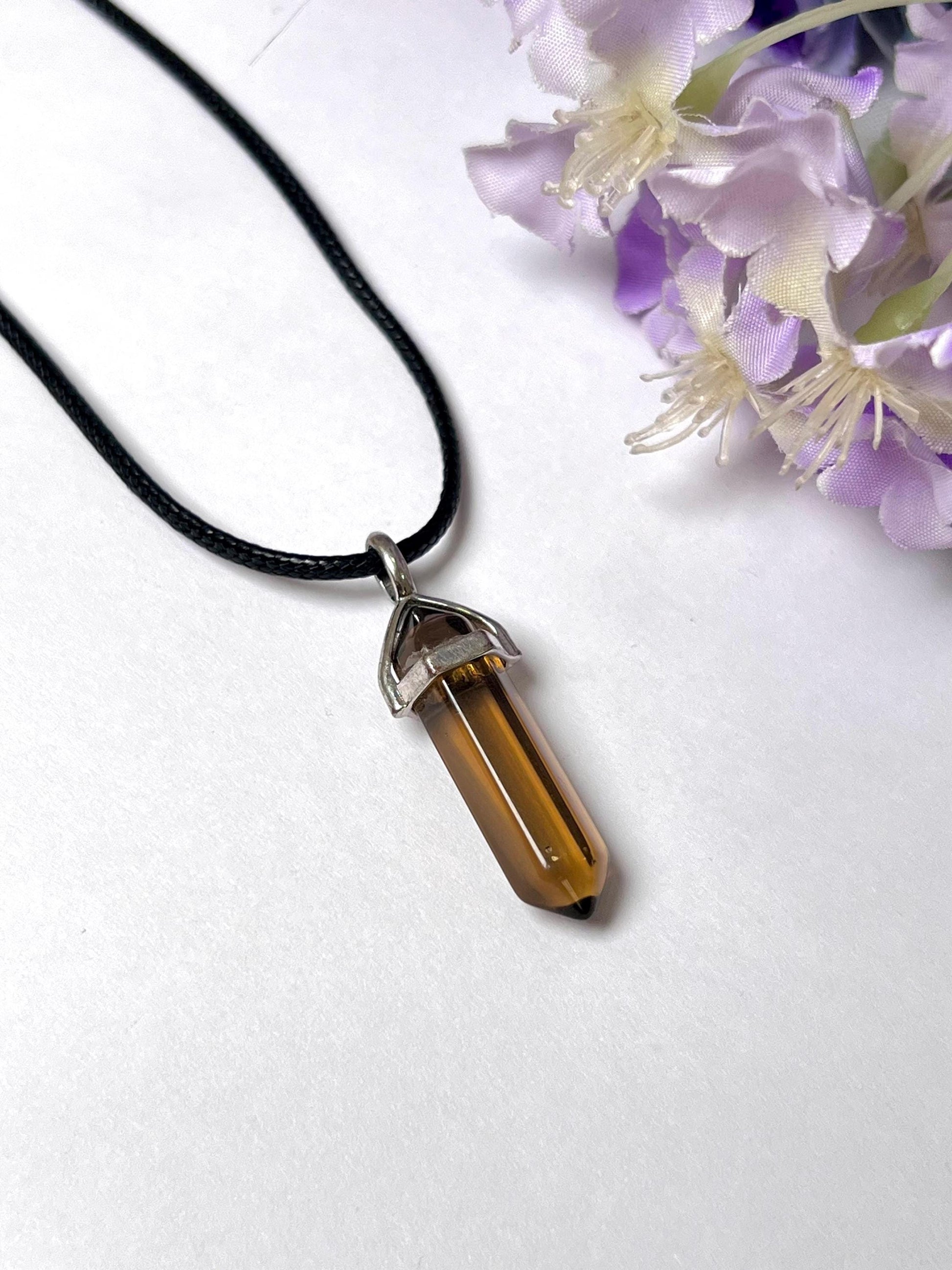 Smoky Quartz Stone Double Point Pencil Pendant with Black Cord