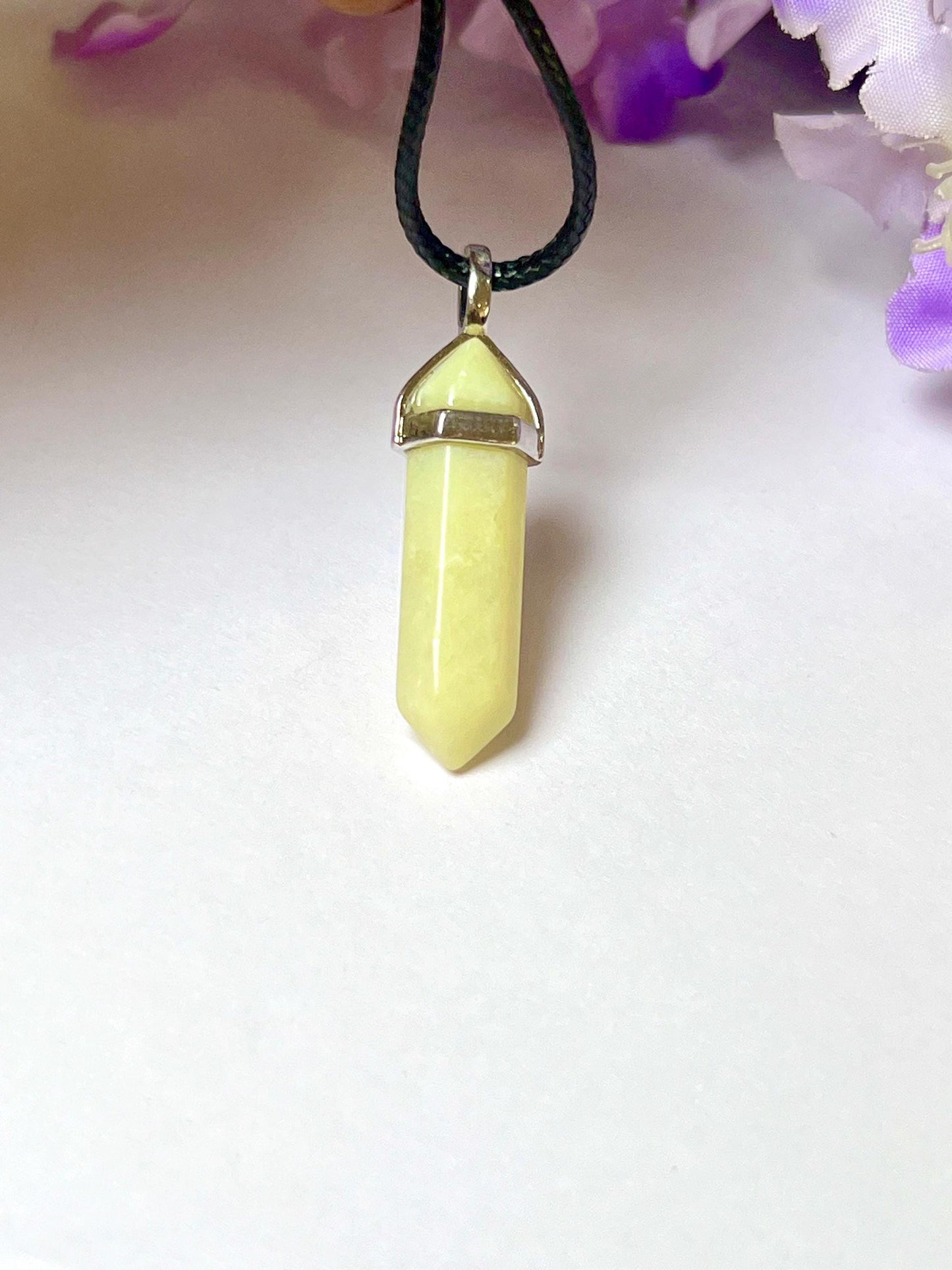 Lizardite Stone Double Point Pencil Pendant with Black Cord