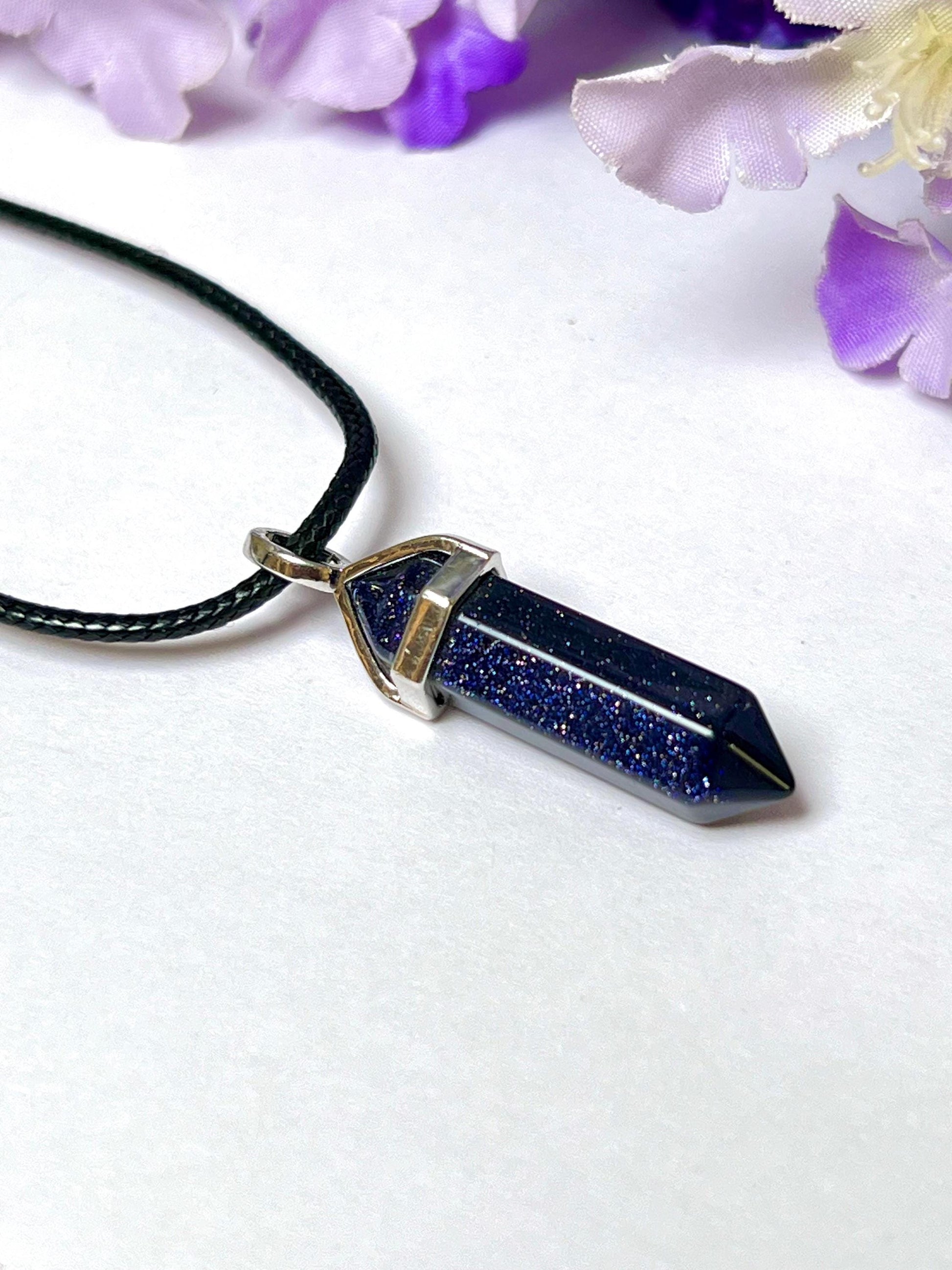 Blue Gold Stone / Blue Sunsitara Stone Double Point Pencil Pendant with Black Cord