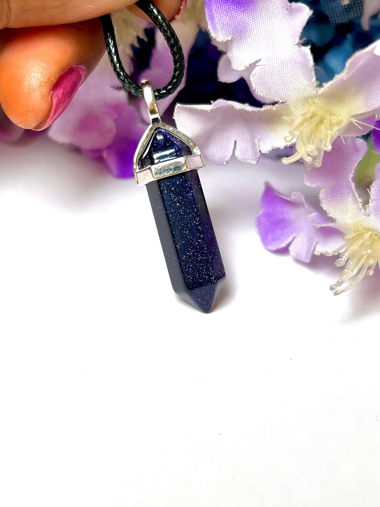 Blue Gold Stone / Blue Sunsitara Stone Double Point Pencil Pendant with Black Cord