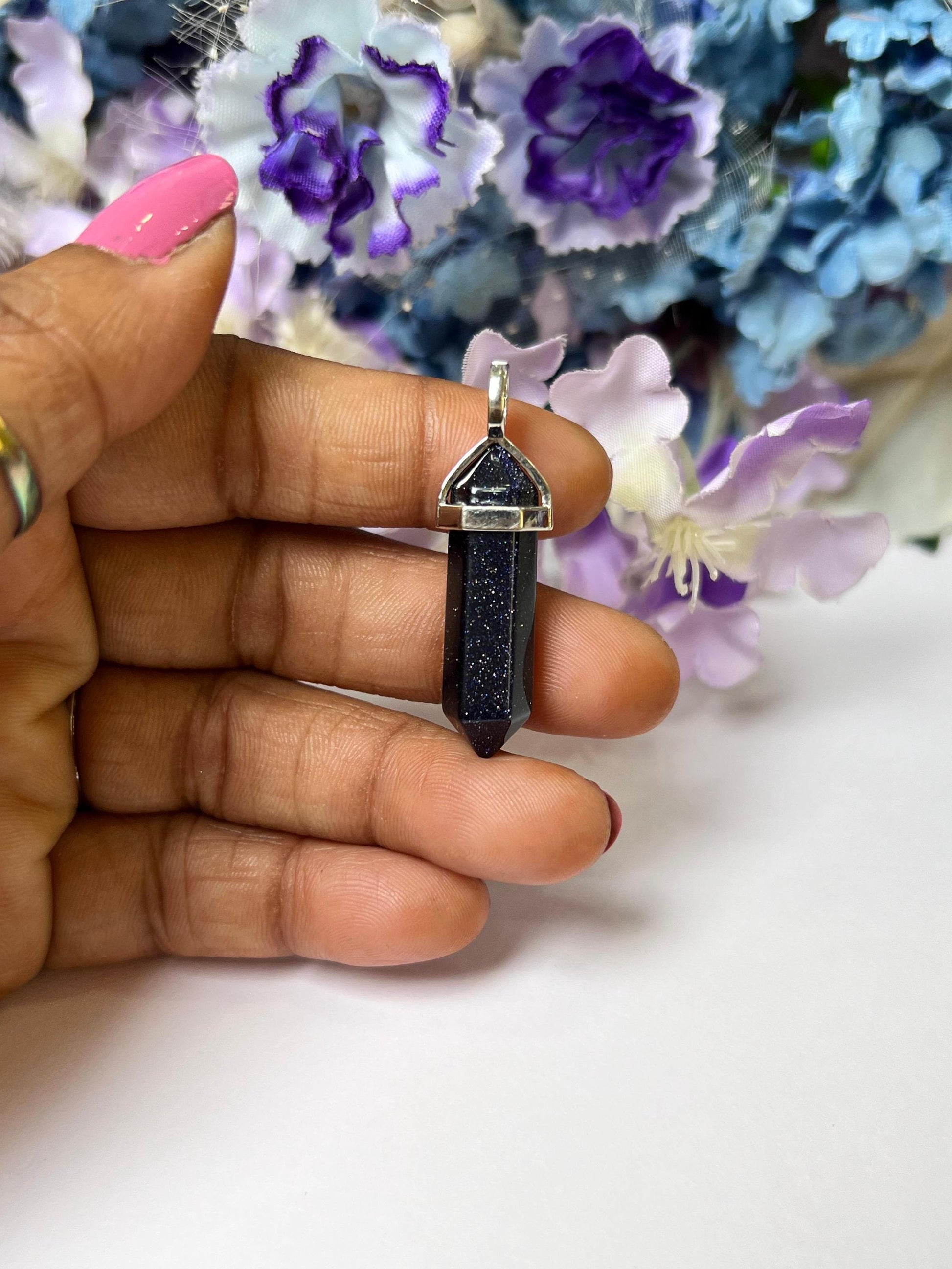 Blue Gold Stone / Blue Sunsitara Stone Double Point Pencil Pendant with Black Cord