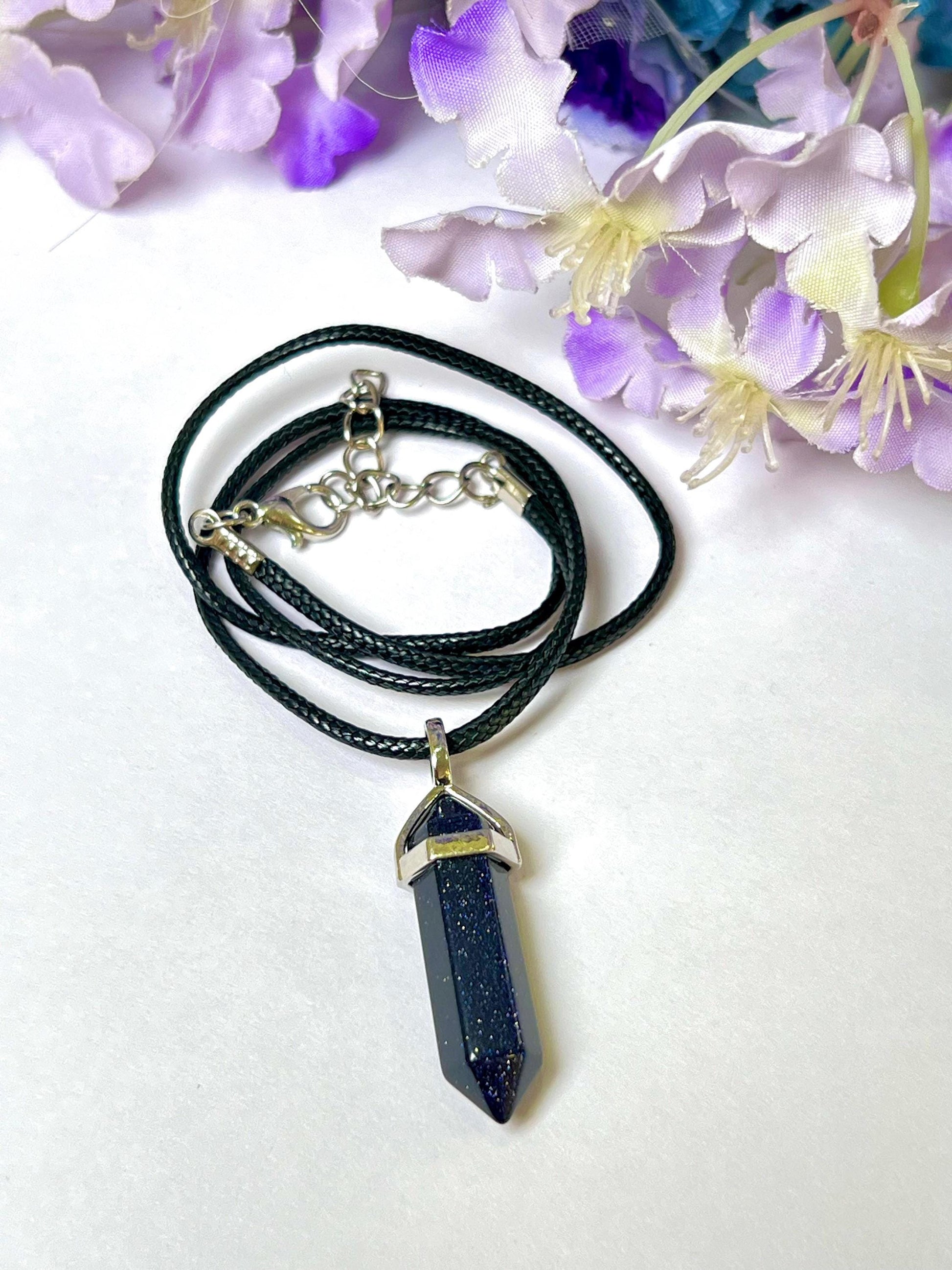 Blue Gold Stone / Blue Sunsitara Stone Double Point Pencil Pendant with Black Cord