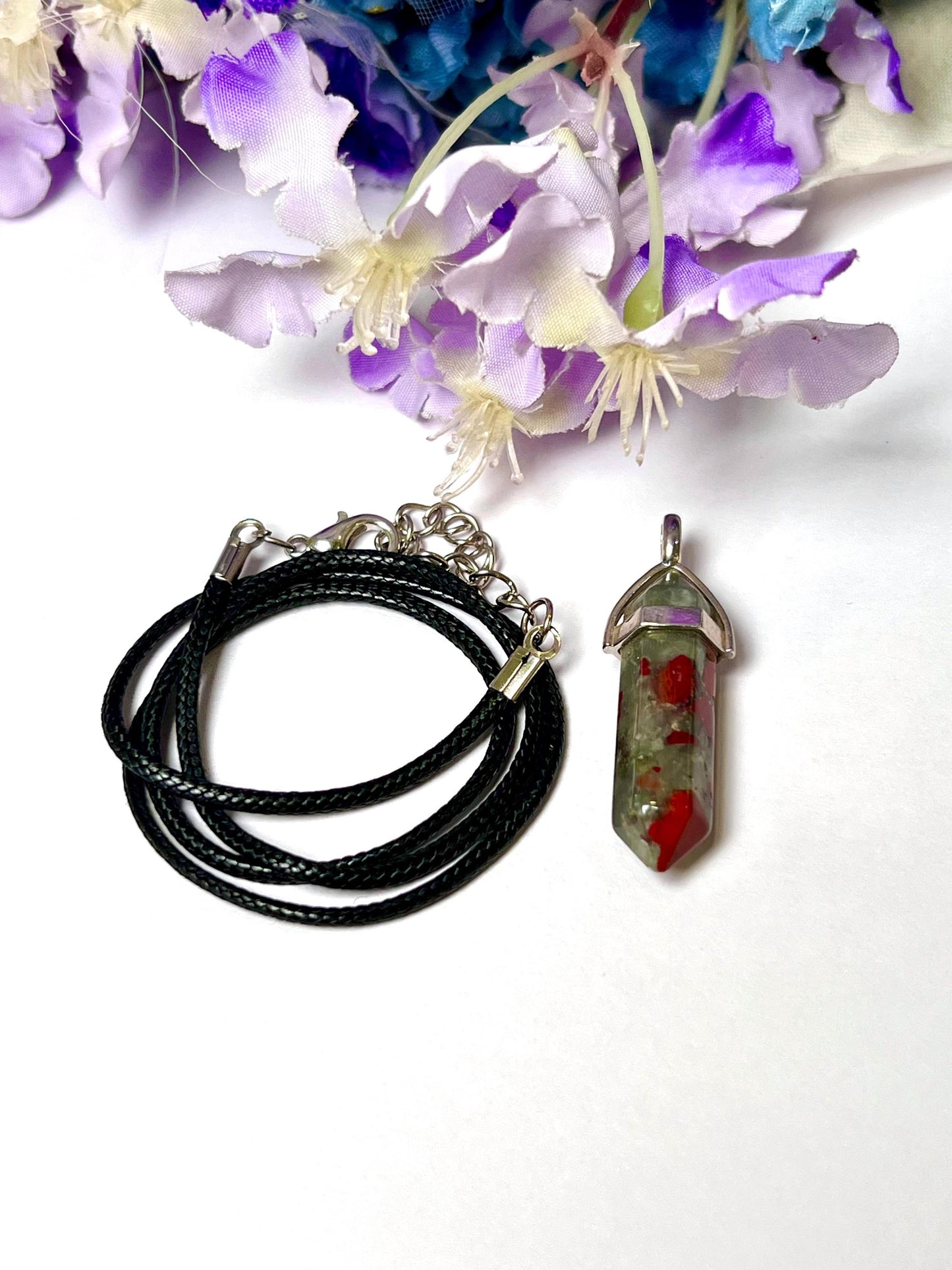 African BloodStone Double Point Pencil Pendant with Black Cord