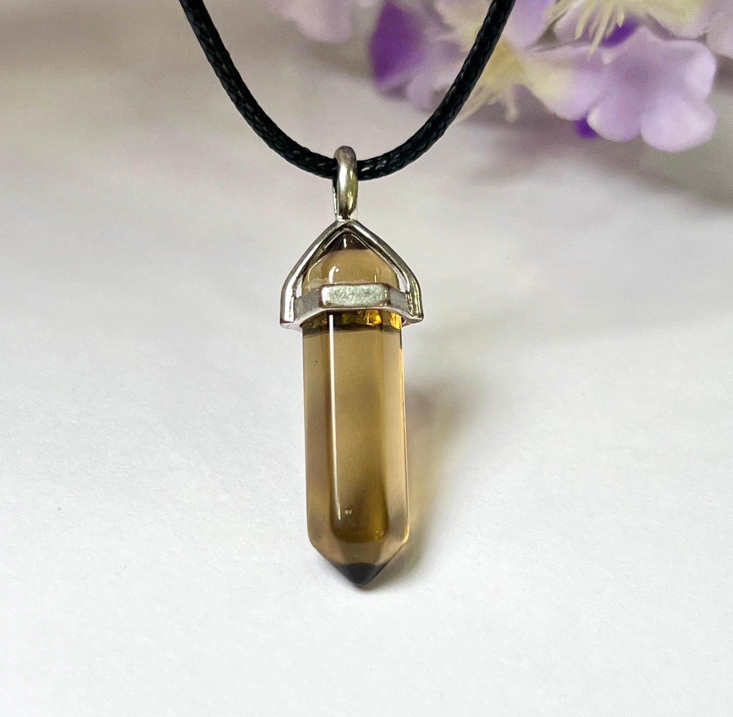 Smoky Quartz Stone Double Point Pencil Pendant with Black Cord