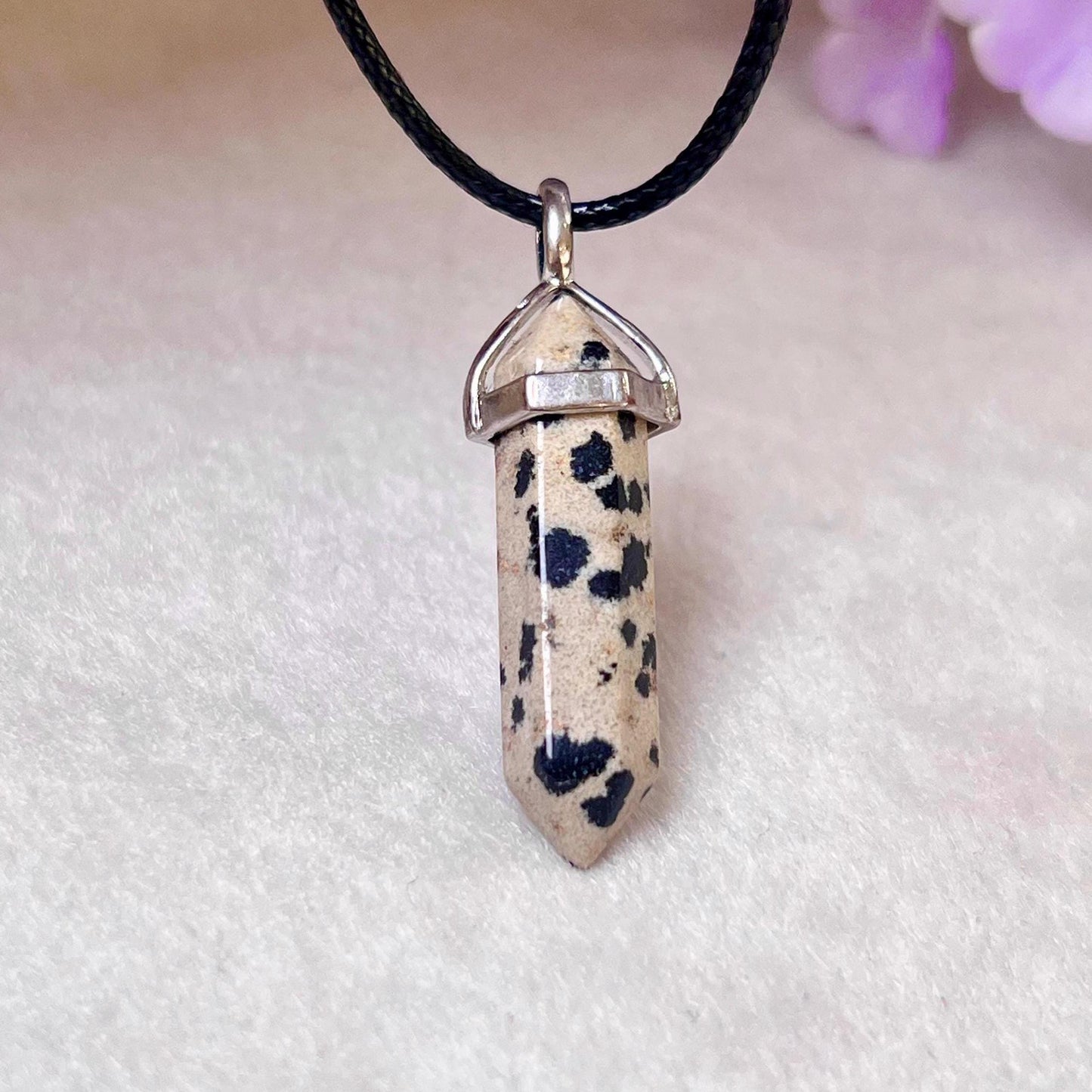 Dalmatian Jasper Stone Double Point Pencil Pendant with Black Cord