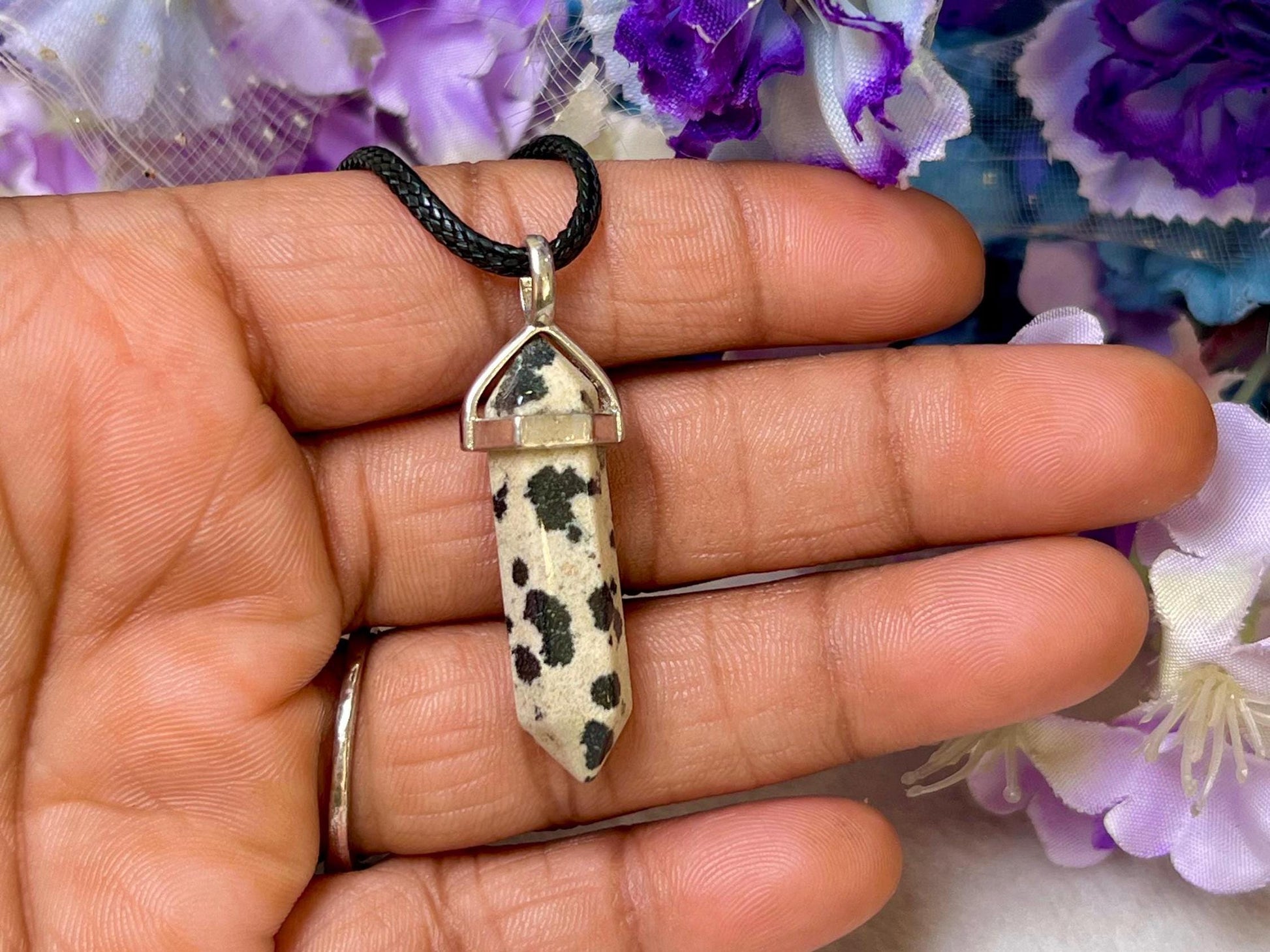 Dalmatian Jasper Stone Double Point Pencil Pendant with Black Cord