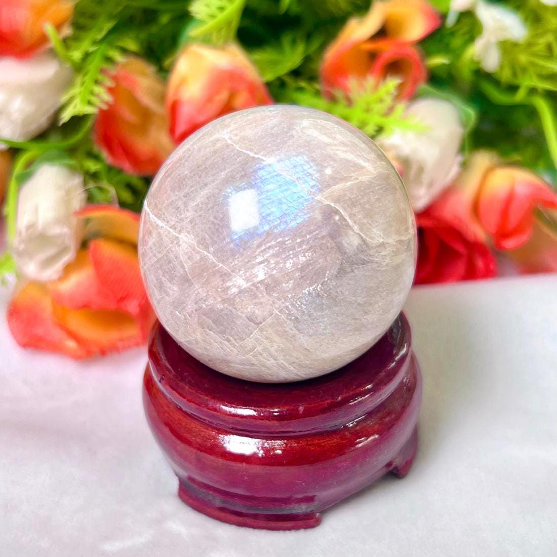 Rainbow Moonstone  Sphere 40 MM Crystal Ball Orb Pocket Stone Meditation Space Crystal Grid With wooden Stand