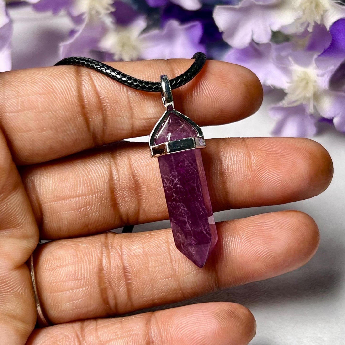 Grape Purple Fluorite Stone Double Point Pencil Pendant with Black Cord