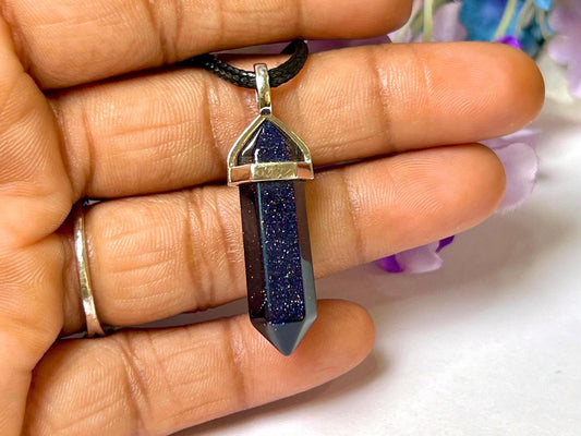 Blue Gold Stone / Blue Sunsitara Stone Double Point Pencil Pendant with Black Cord