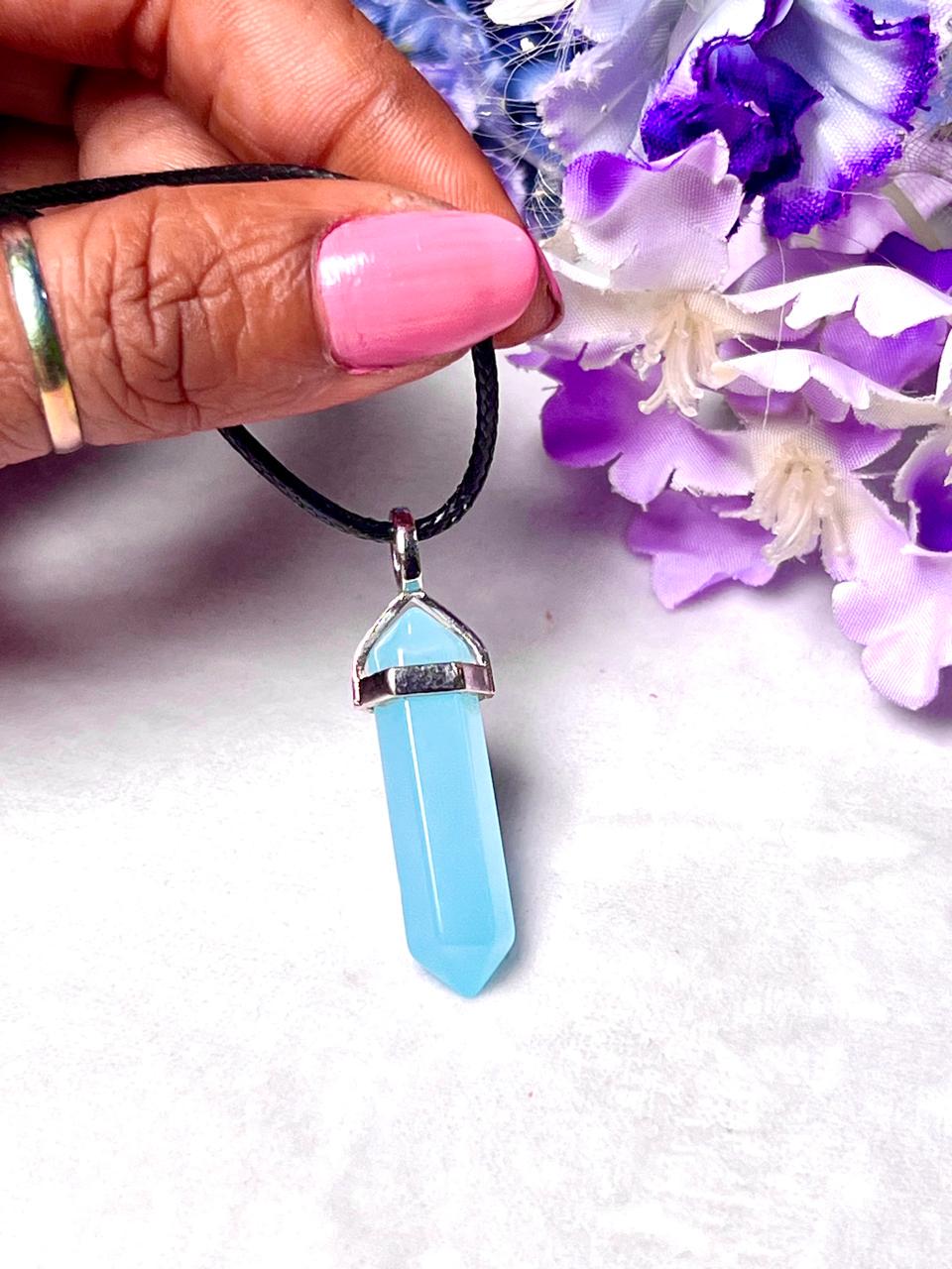 Aqua Chalcedony Stone Double Point Pencil Pendant with Black Cord