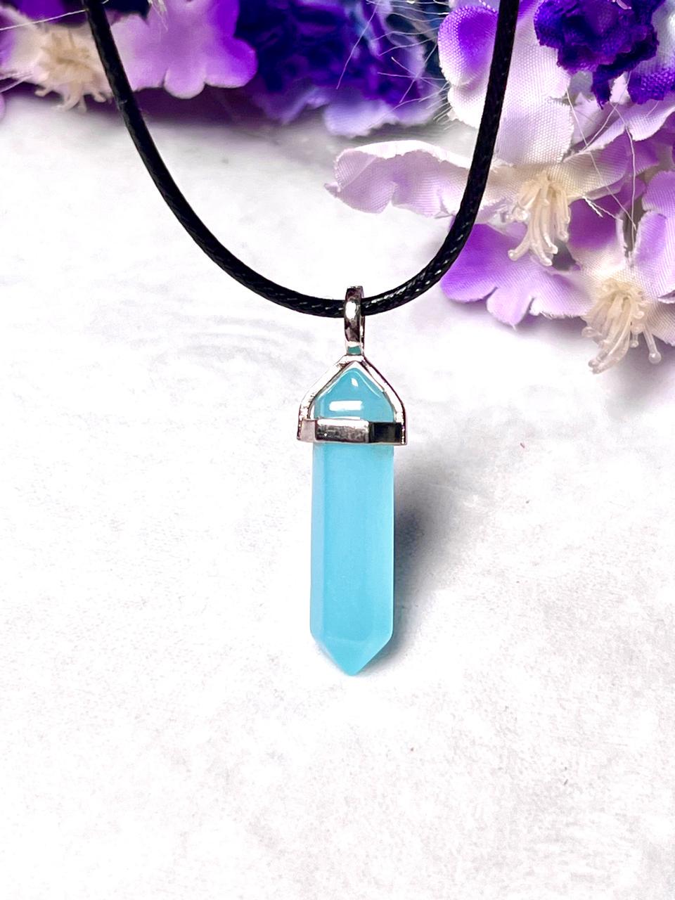 Aqua Chalcedony Stone Double Point Pencil Pendant with Black Cord