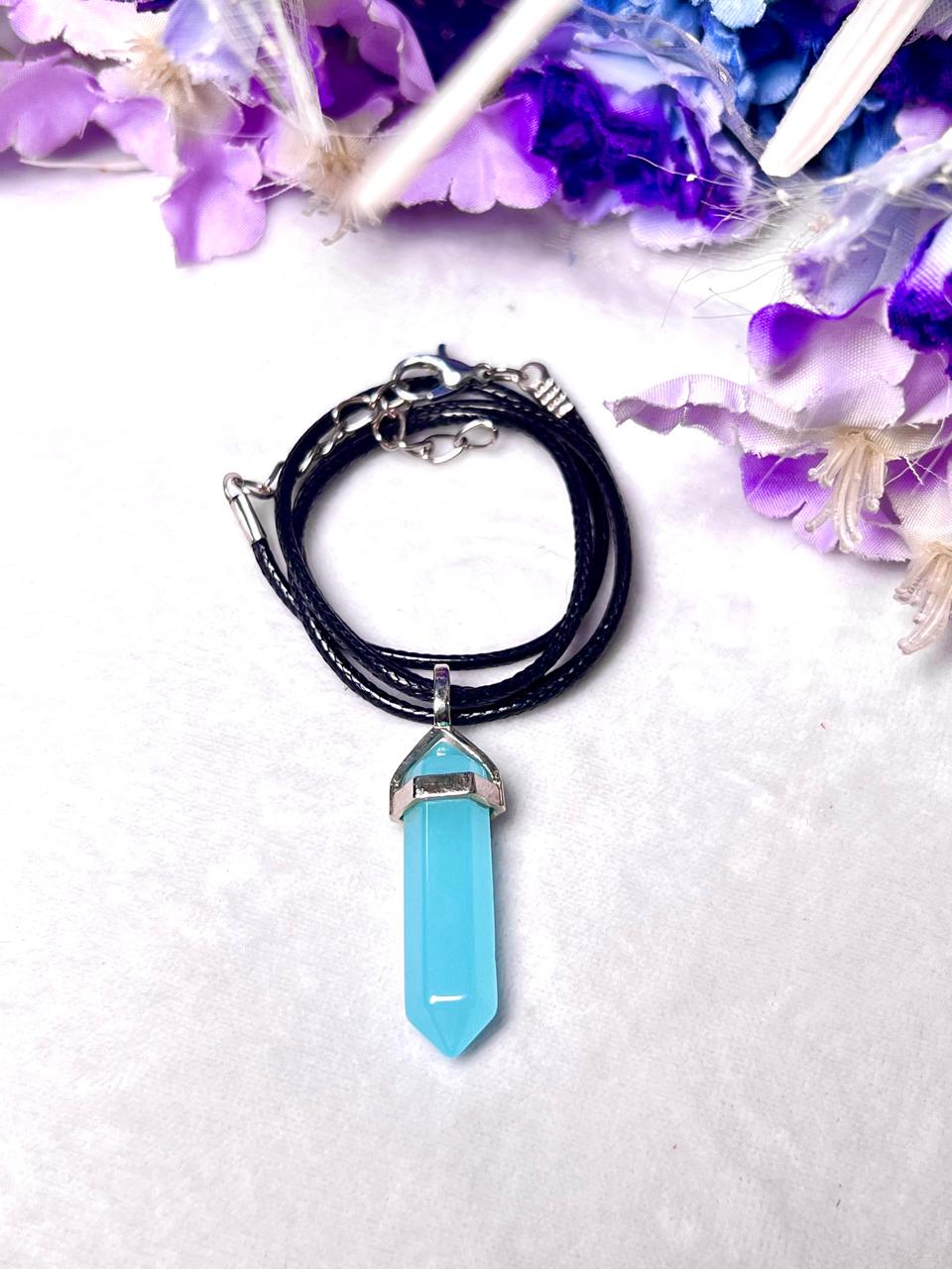 Aqua Chalcedony Stone Double Point Pencil Pendant with Black Cord