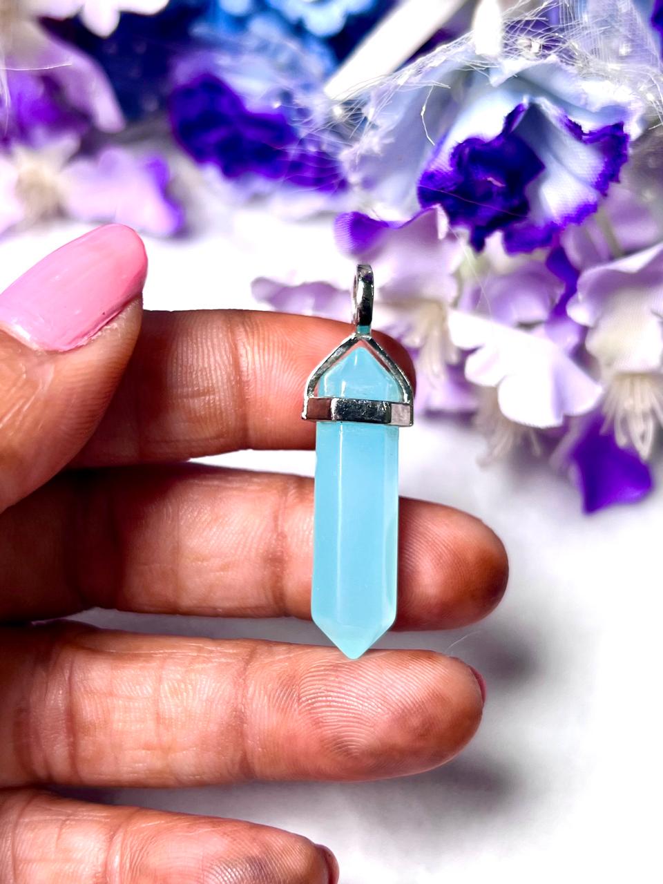 Aqua Chalcedony Stone Double Point Pencil Pendant with Black Cord