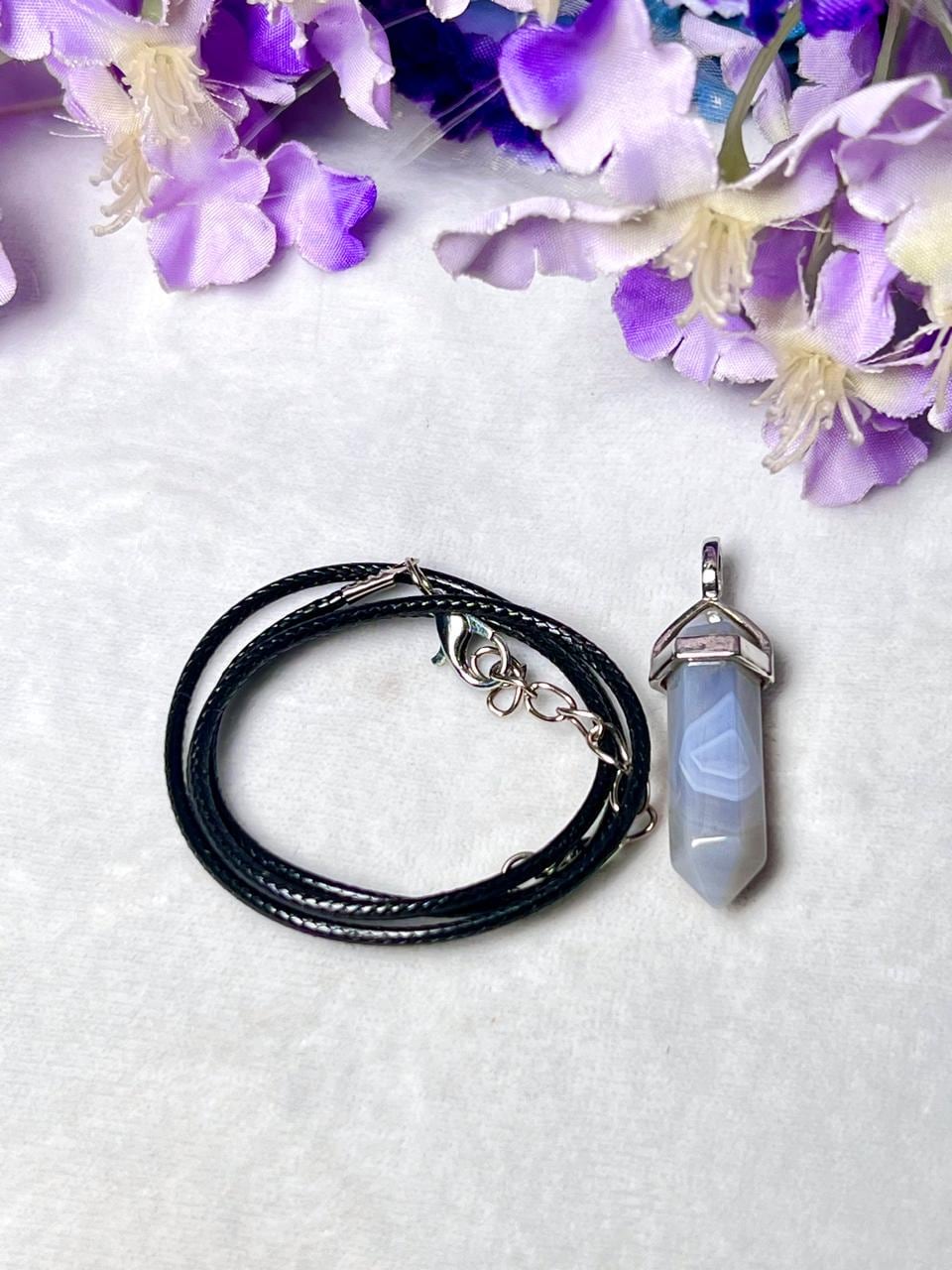 Blue Lace Agate Stone Double Point Pencil Pendant with Black Cord